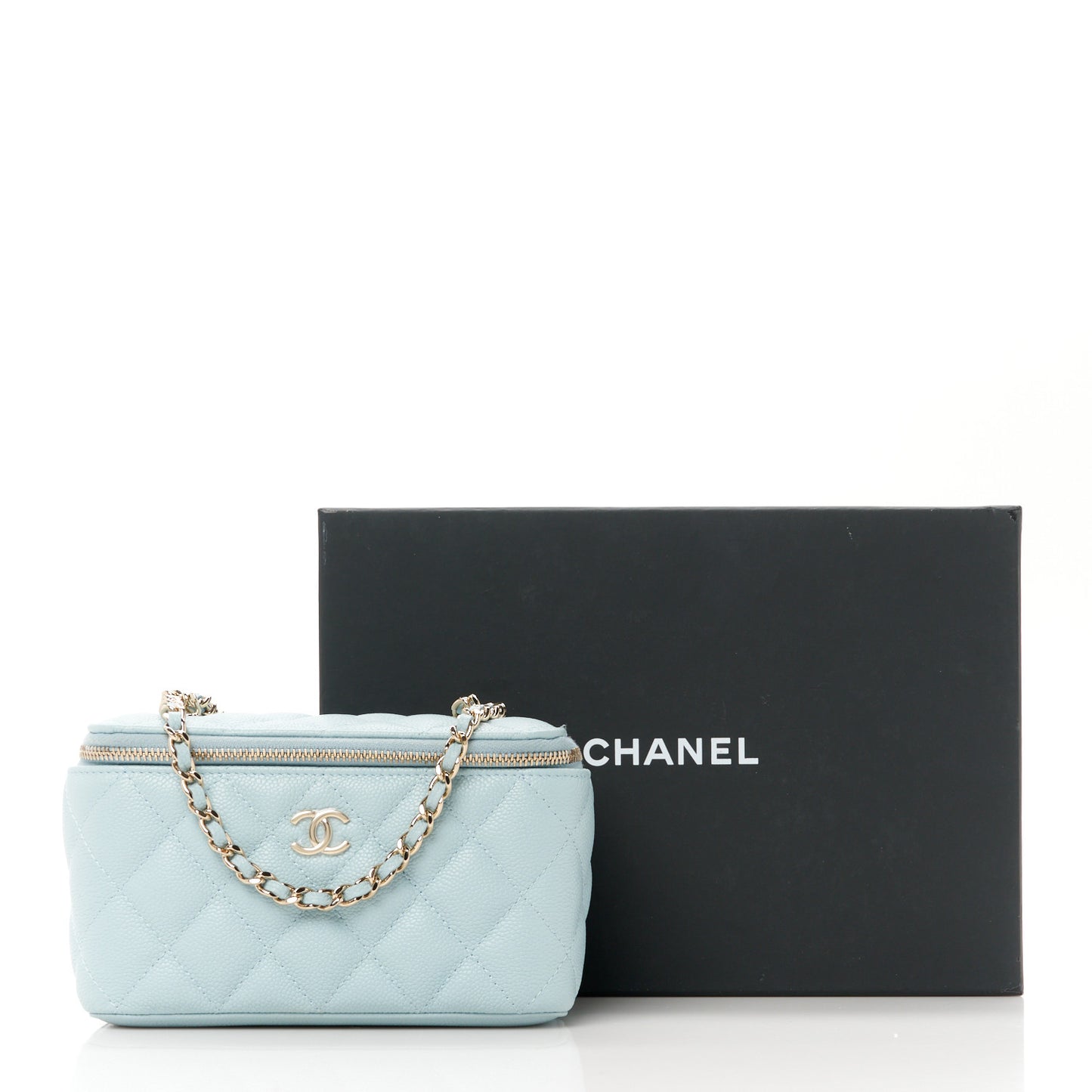 Caviar Quilted Small Tiny CC Vanity Case With Chain Light Blue
