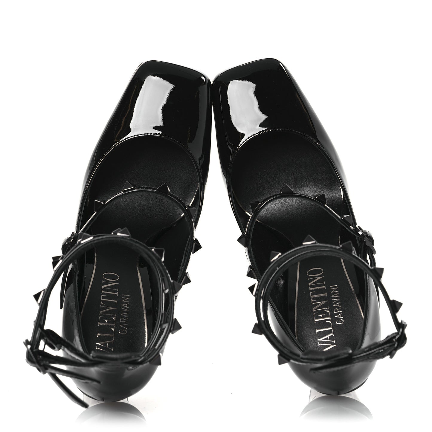 Patent Monochrome Rockstud Tan-Go Ankle Strap Pumps 37 Black