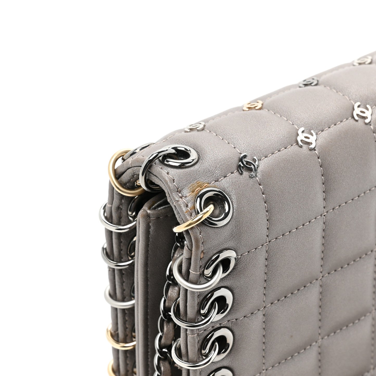 Lambskin Chocolate Bar Piercing CC Studded Small Chain Flap Bag Grey