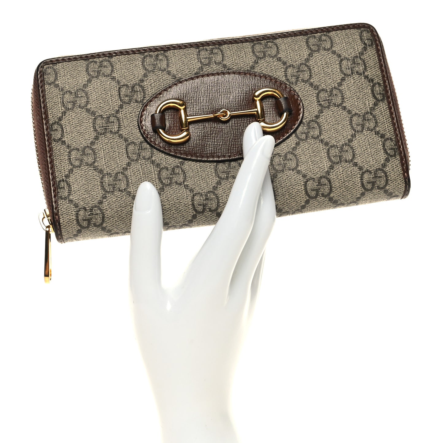 GG Supreme Monogram Azalea Calfskin Horsebit 1955 Zip Around Wallet Beige Ebony Brown Sugar
