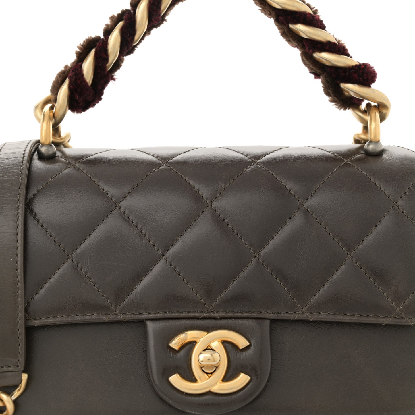 Iridescent Calfskin Quilted Small Straight Lined Flap Khaki