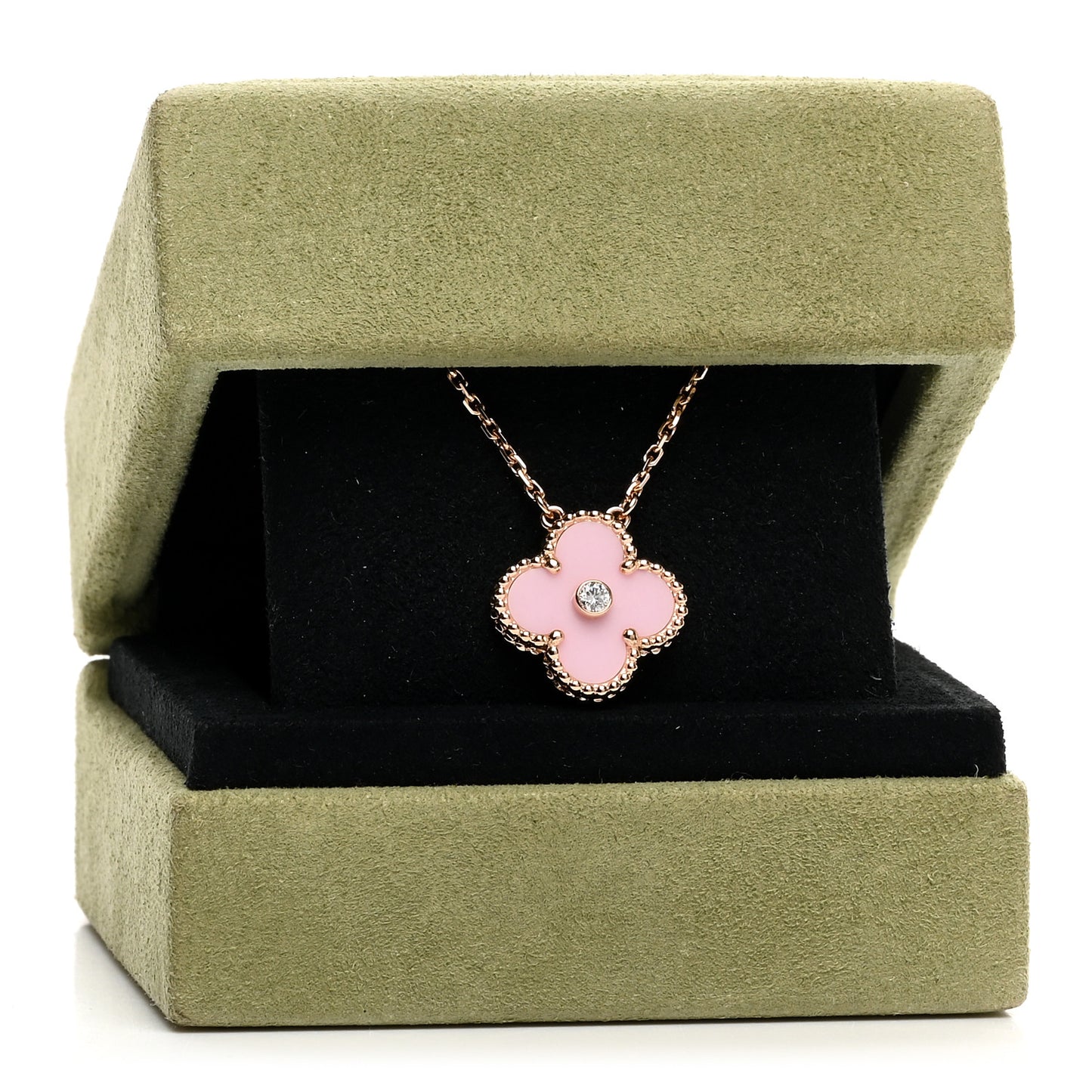 18K Rose Gold Diamond Pink Porcelain Vintage Alhambra Pendant Necklace