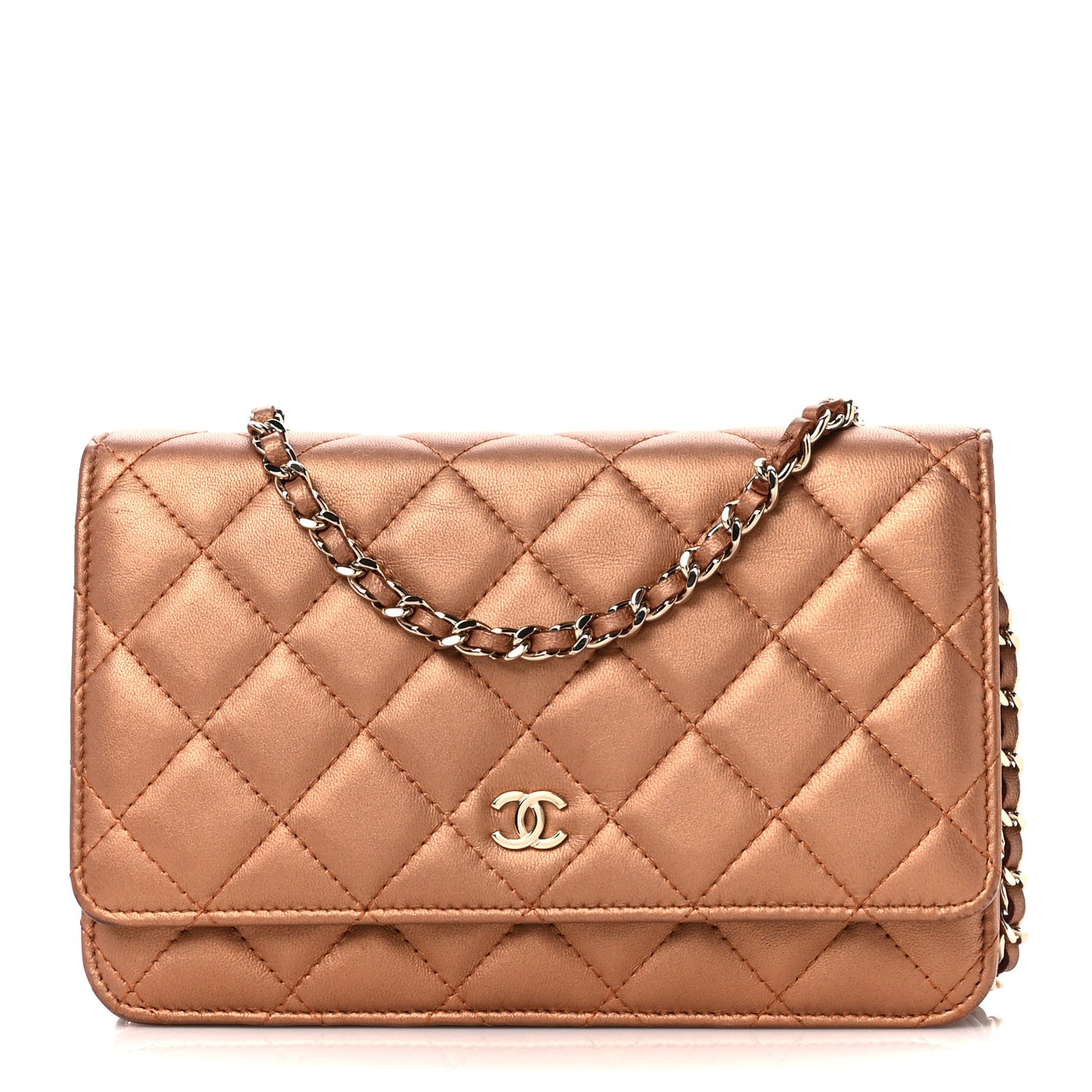 Metallic Lambskin Quilted Wallet On Chain WOC Golden