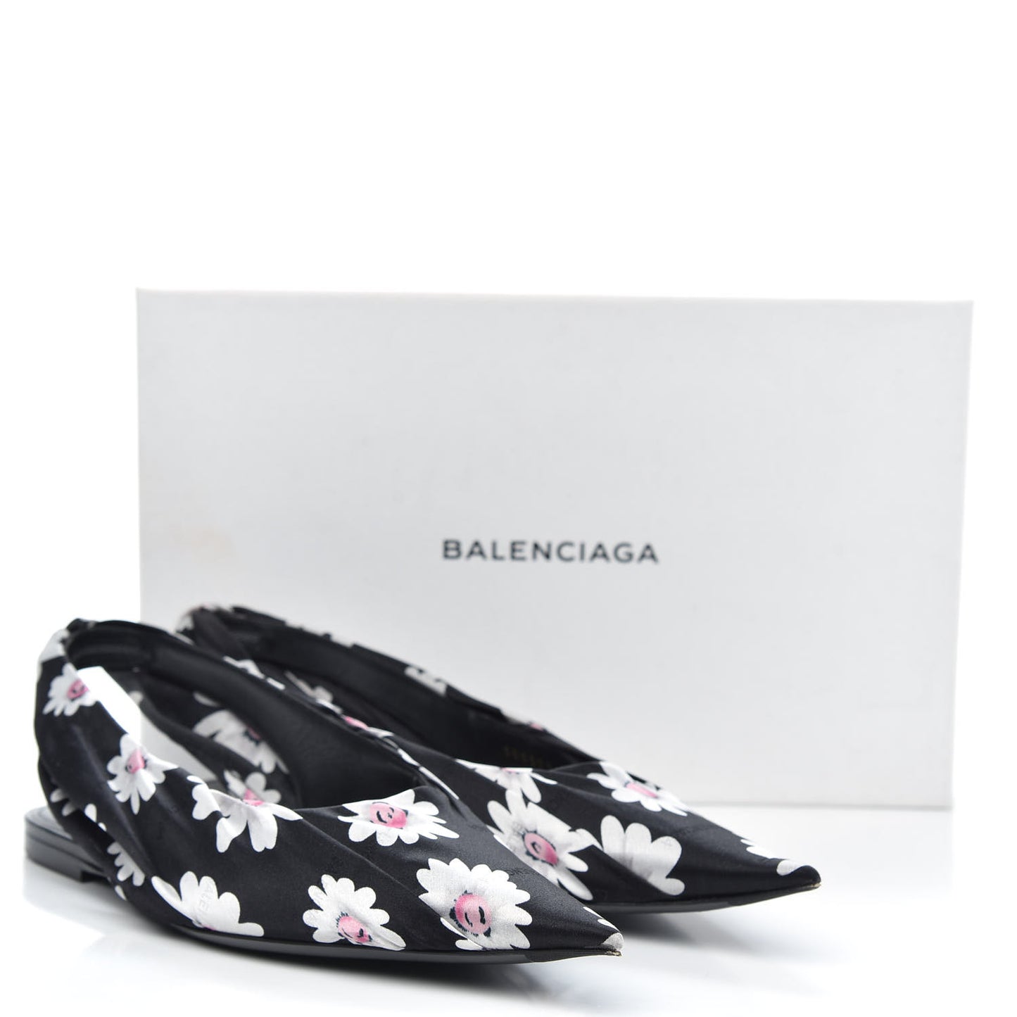 Satin Floral Print Knife Pointy Toe Slingback Flats 39.5 Black