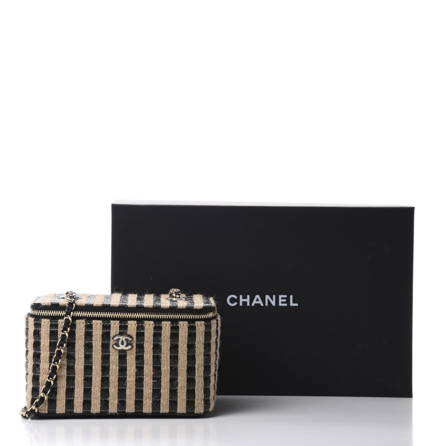 Chanel Raffia Jute Striped Small Vanity Case With Chain Black Beige 11 of 11