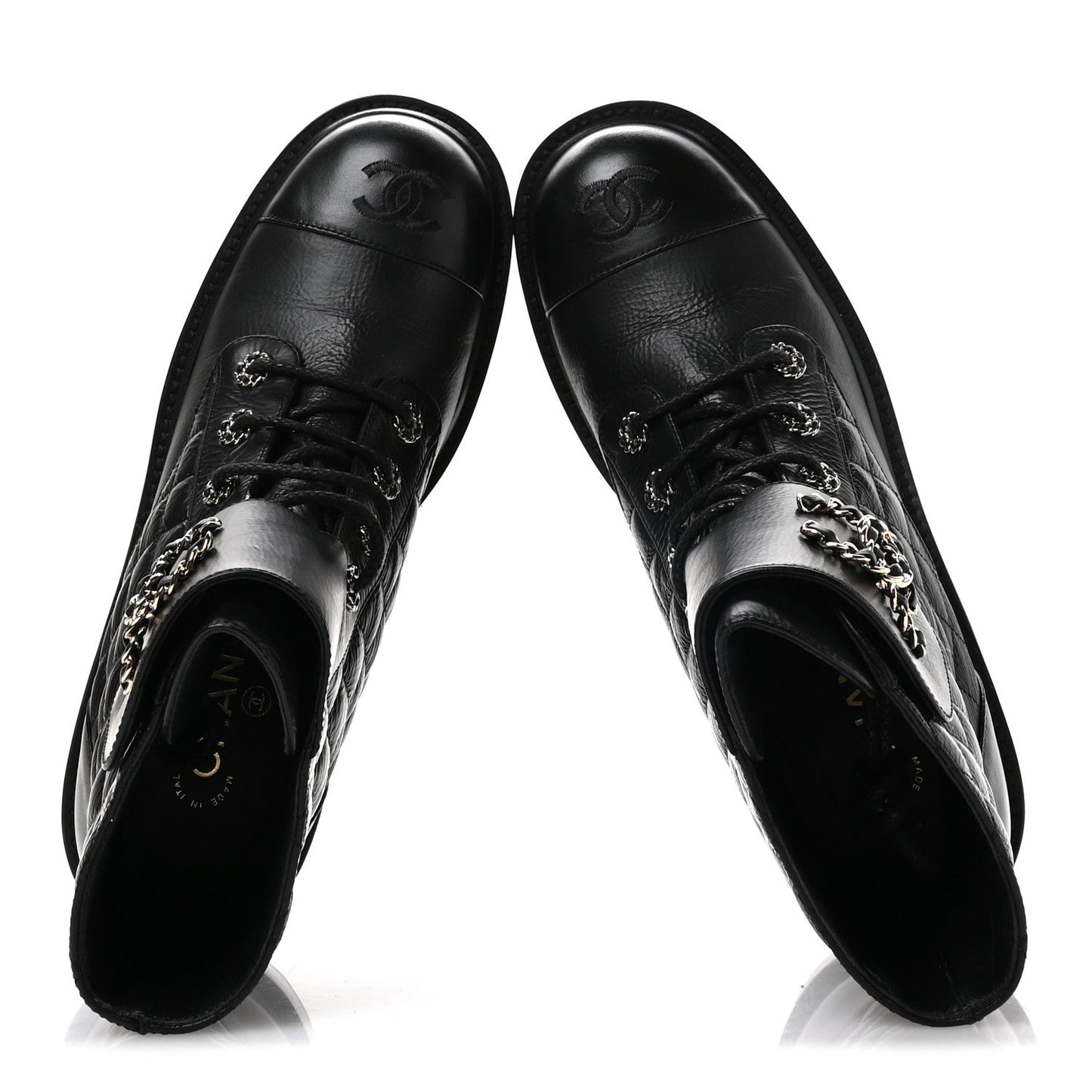 Shiny Goatskin Calfskin Quilted Lace Up Combat Boots 40.5 Black