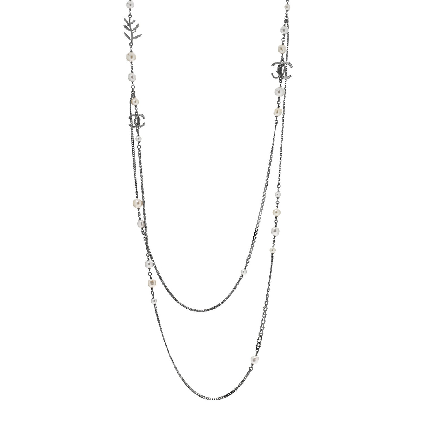 Pearl Crystal CC Leaf Long Necklace Silver