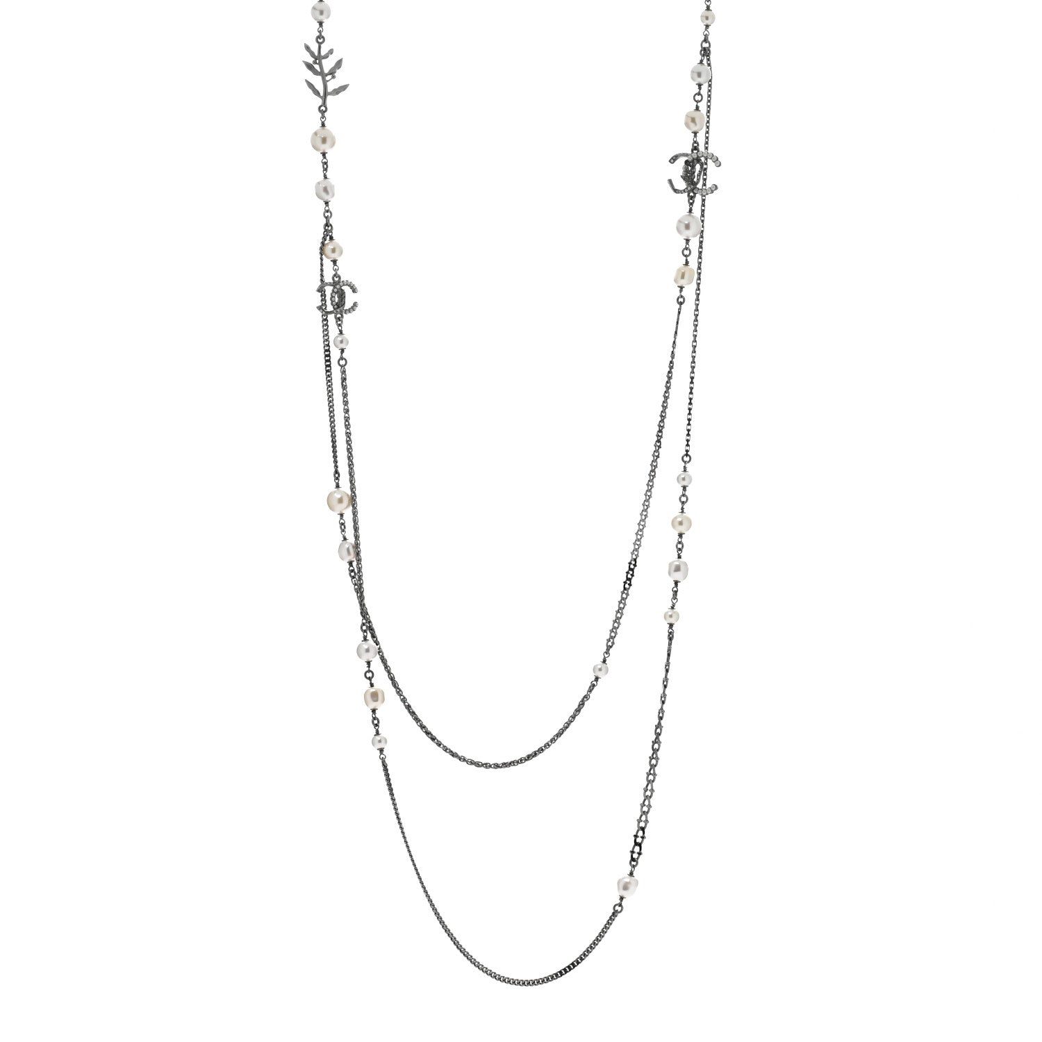 Chanel Pearl Crystal CC Leaf Long Necklace Silver 1 of 5
