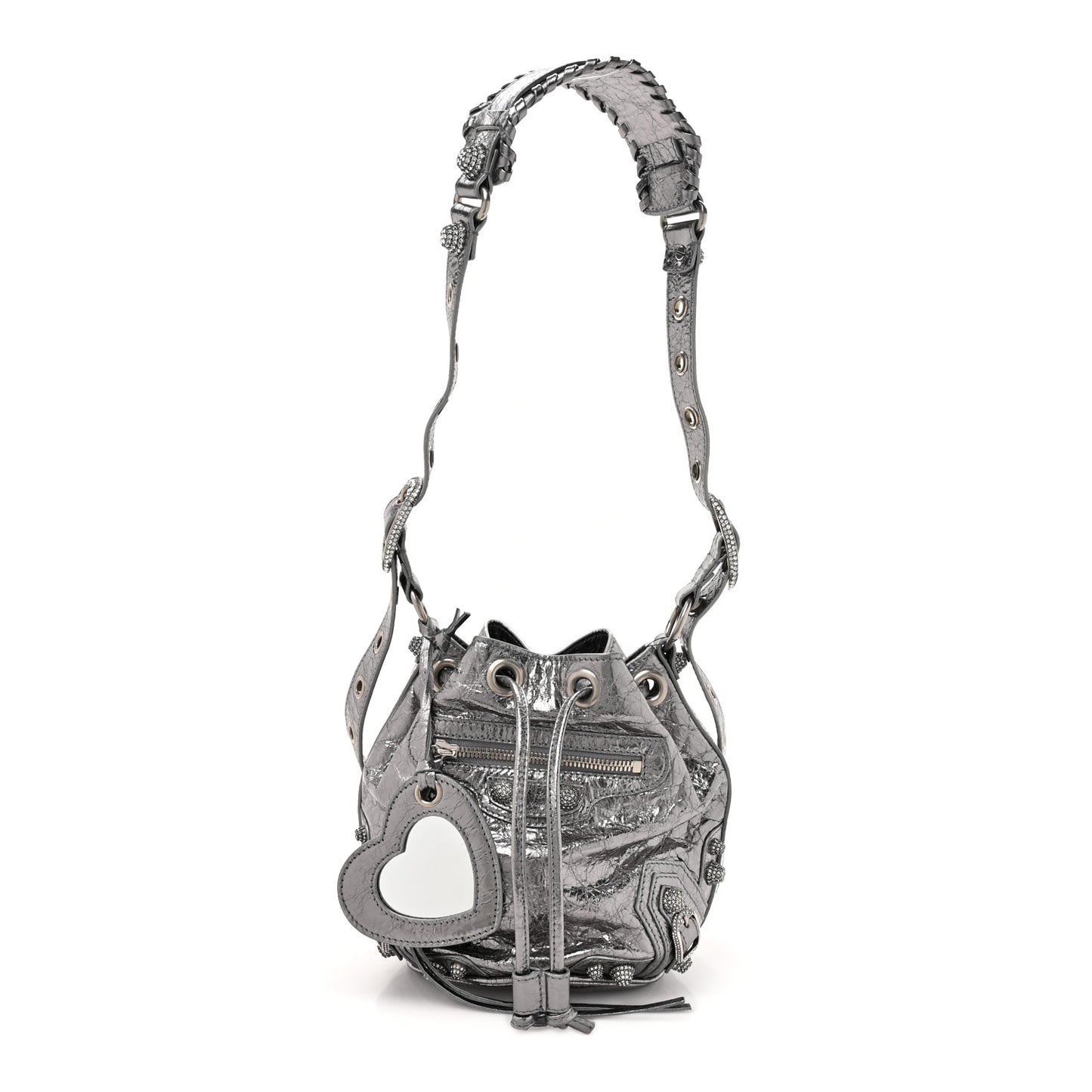 Metallic Agneau Arena Crystal Le Cagole Bucket Bag XS Silver