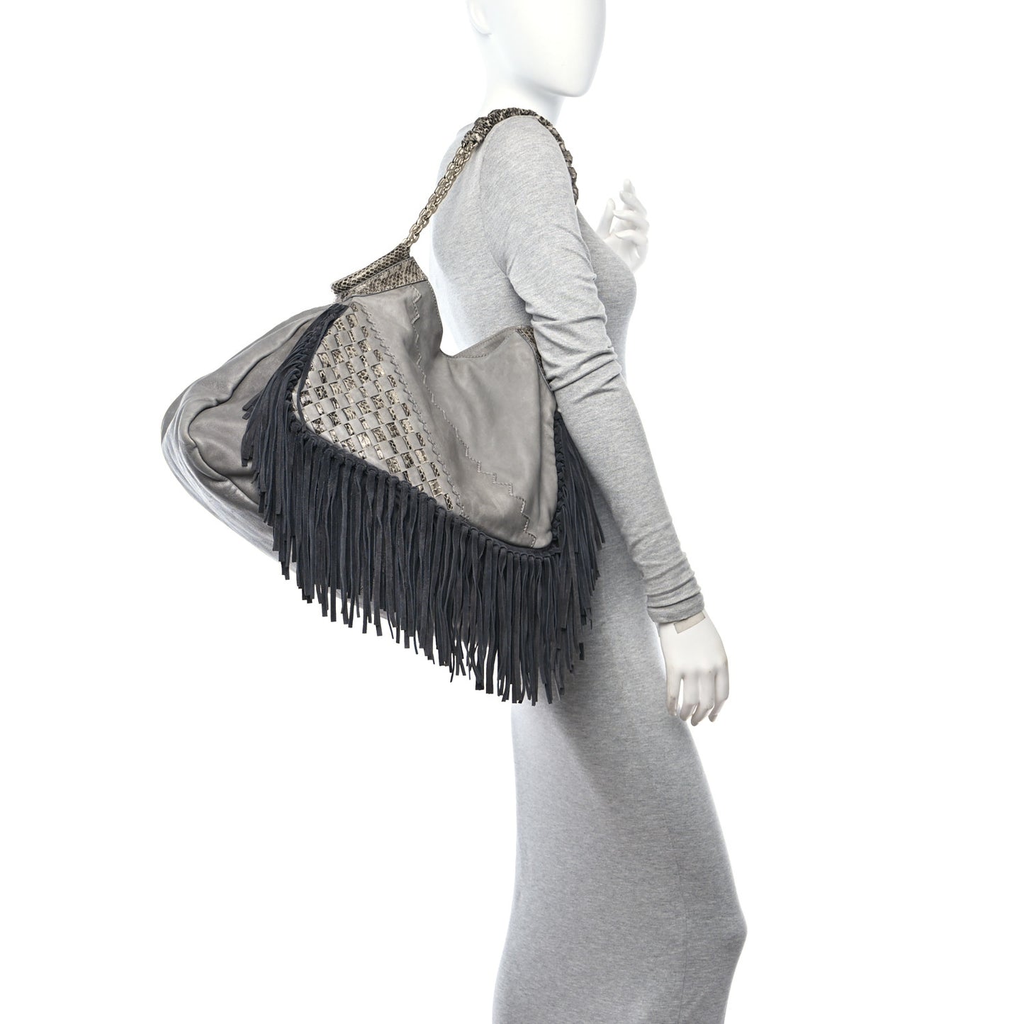 Calfskin Suede Snakeskin Woven Fringe Tatum Shoulder Bag Grey