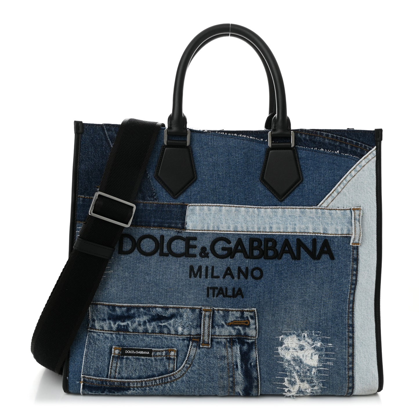 DOLCE GABBANA Large Denim Patchwork Shopping Tote Blue Black