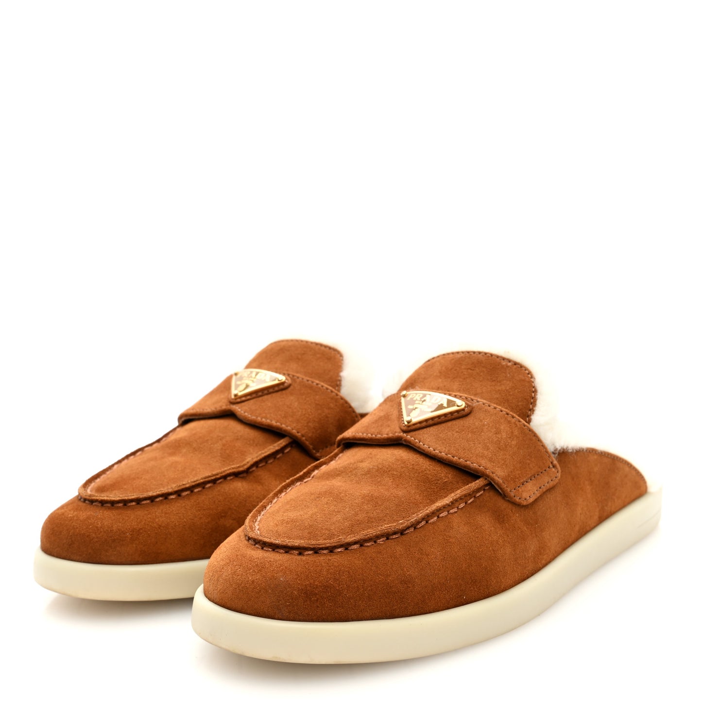 Suede Shearling Triangle Logo Loafer Mules 37 Cognac