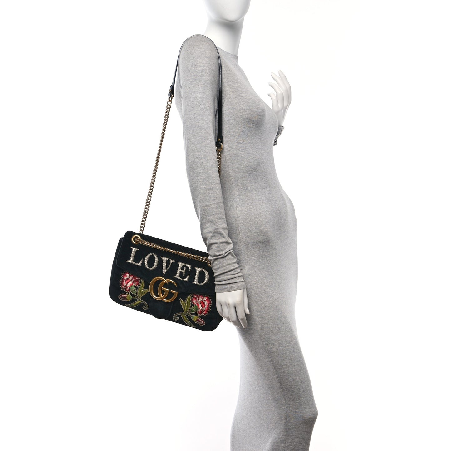 Velvet Matelasse Loved Embroidered Medium GG Marmont Shoulder Bag Black