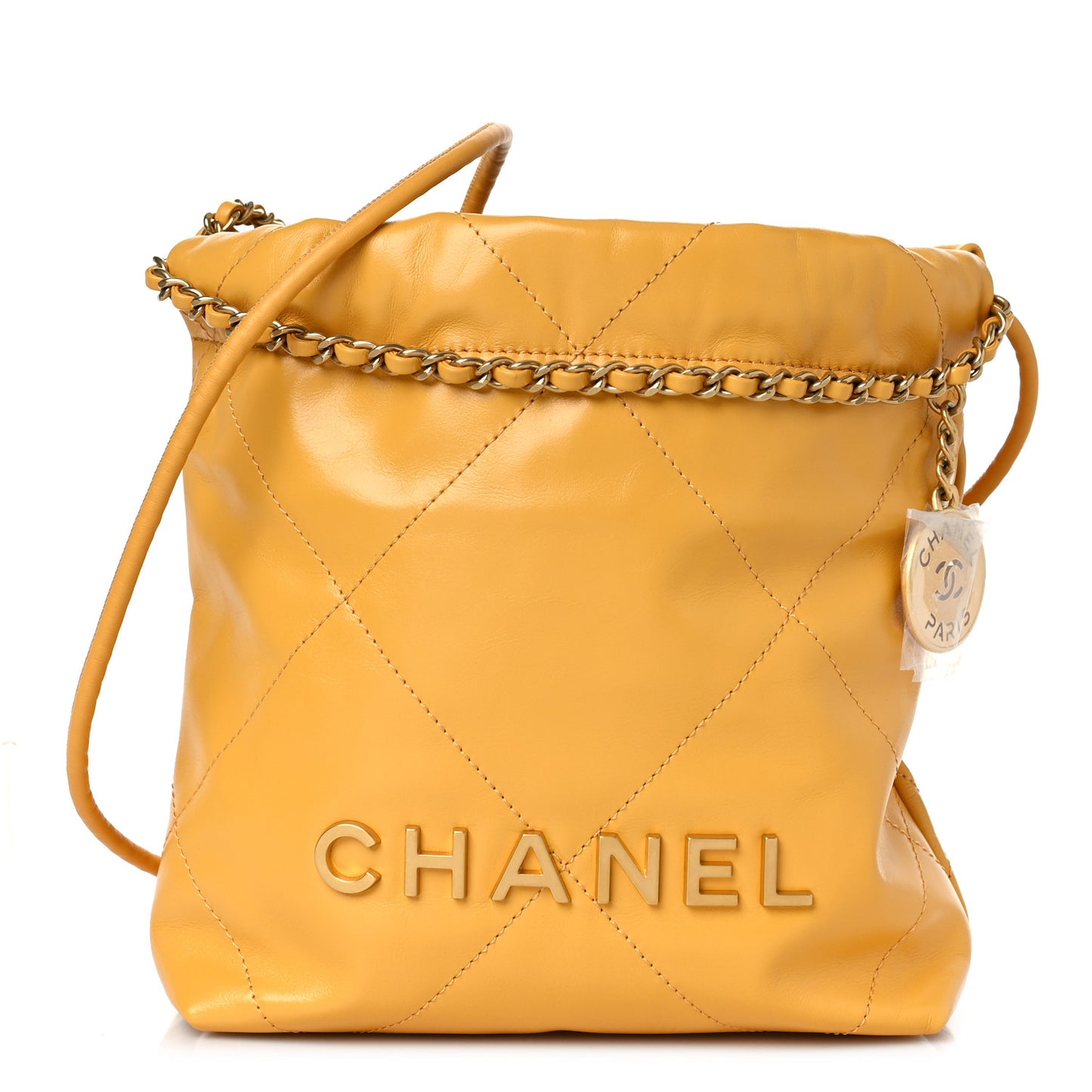 Shiny Calfskin Quilted Mini Chanel 22 Yellow
