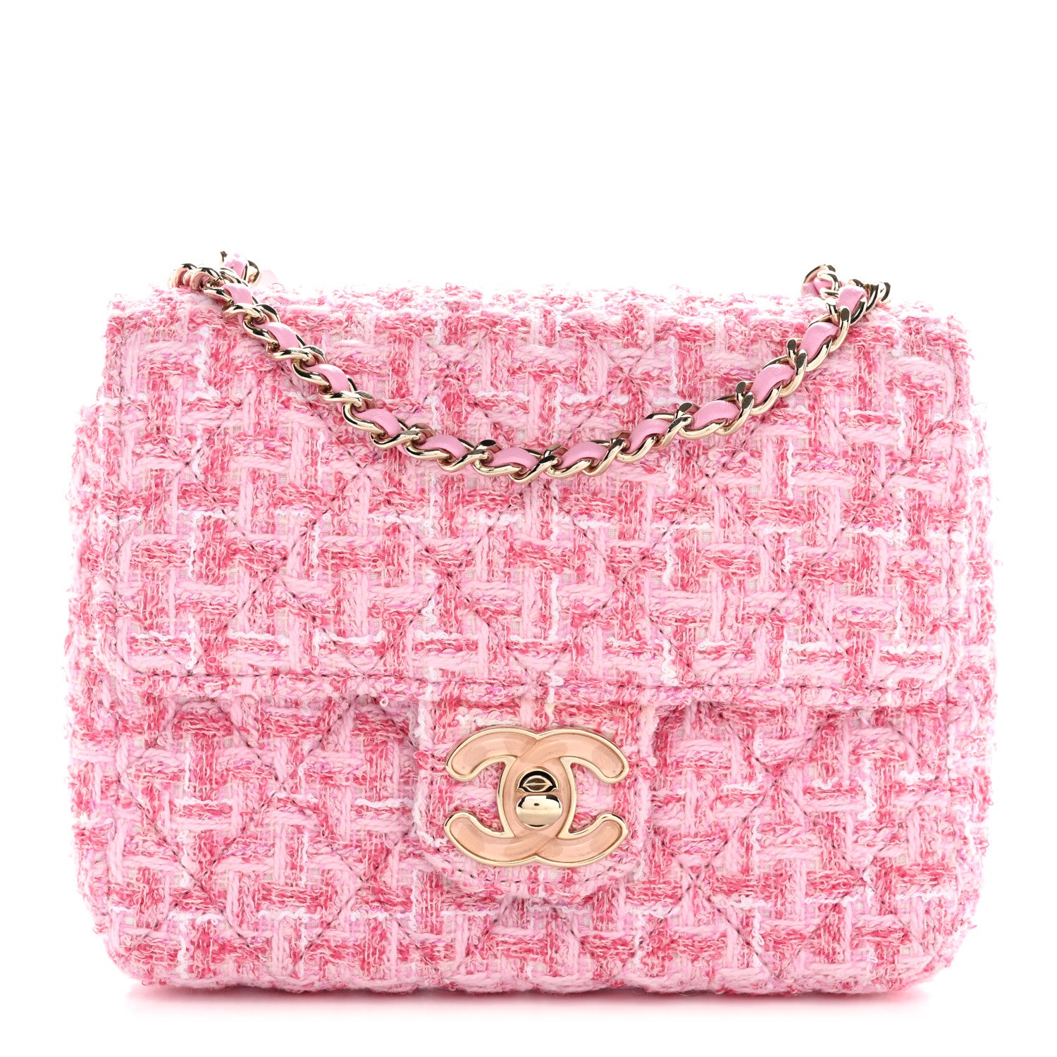 Chanel Tweed Resin Quilted Mini Heart Square Flap Pink White