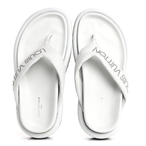 Calfskin Logo Studded Pillow Flat Thong Sandals 35 White