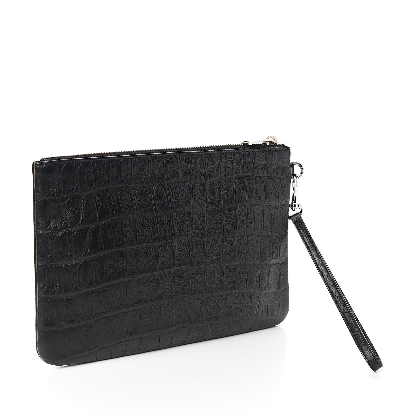 Calfskin Crocodile Embossed Monogram Zip Pouch Black