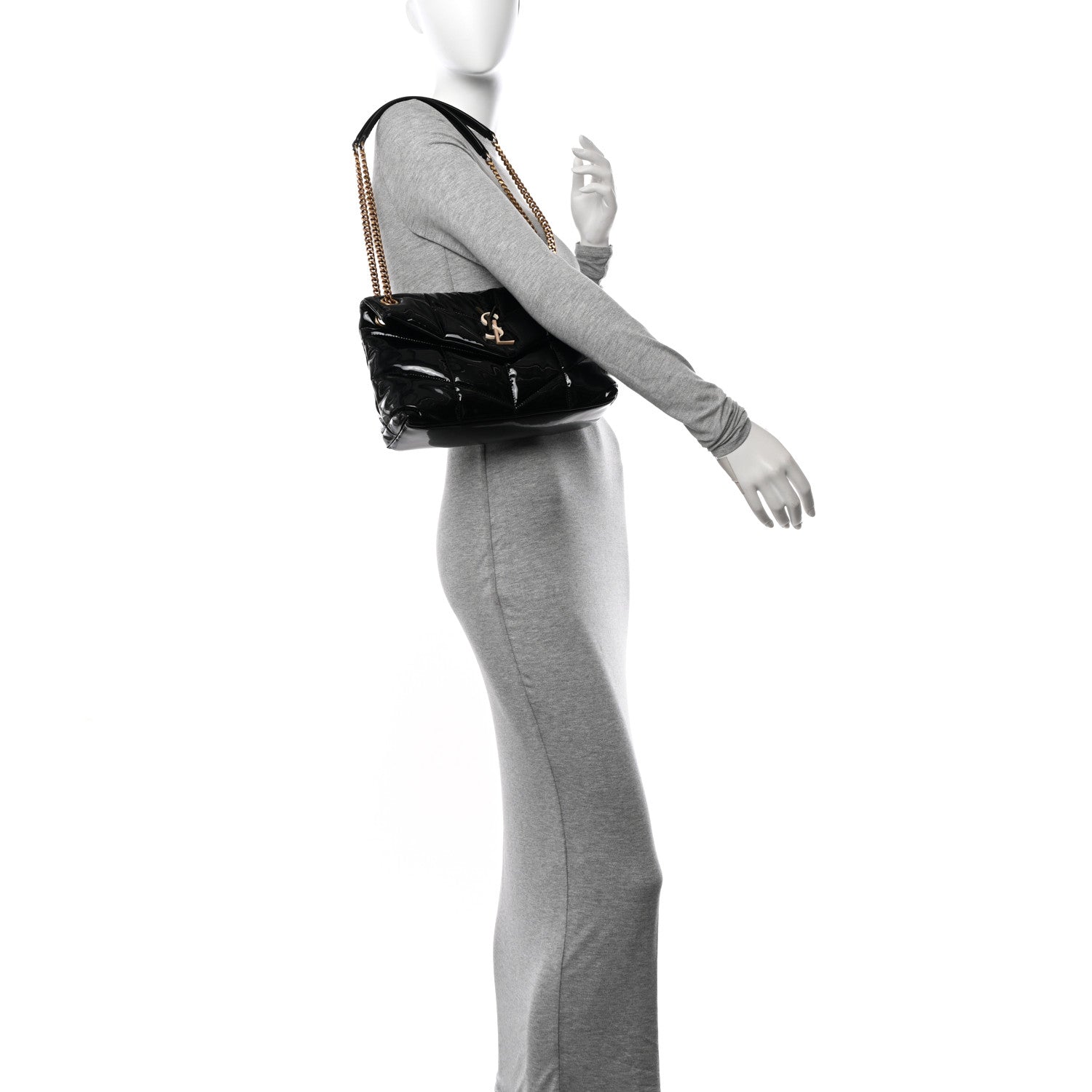 Saint Laurent Patent Quilted Small Loulou Puffer Monogram Chain Satchel Black 2 of 10