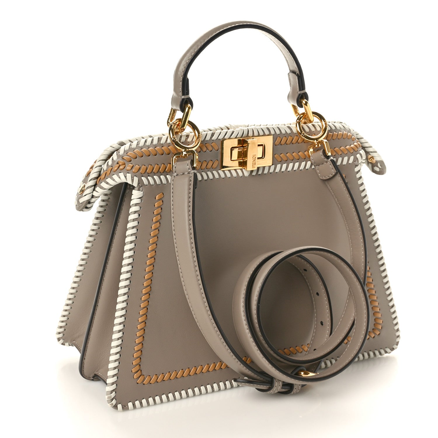 Fendi Vitello Grace Shiny Nappa Helix Woven Small Peekaboo I SEE U Satchel Tortora Miele Scuro White Rice 3 of 9