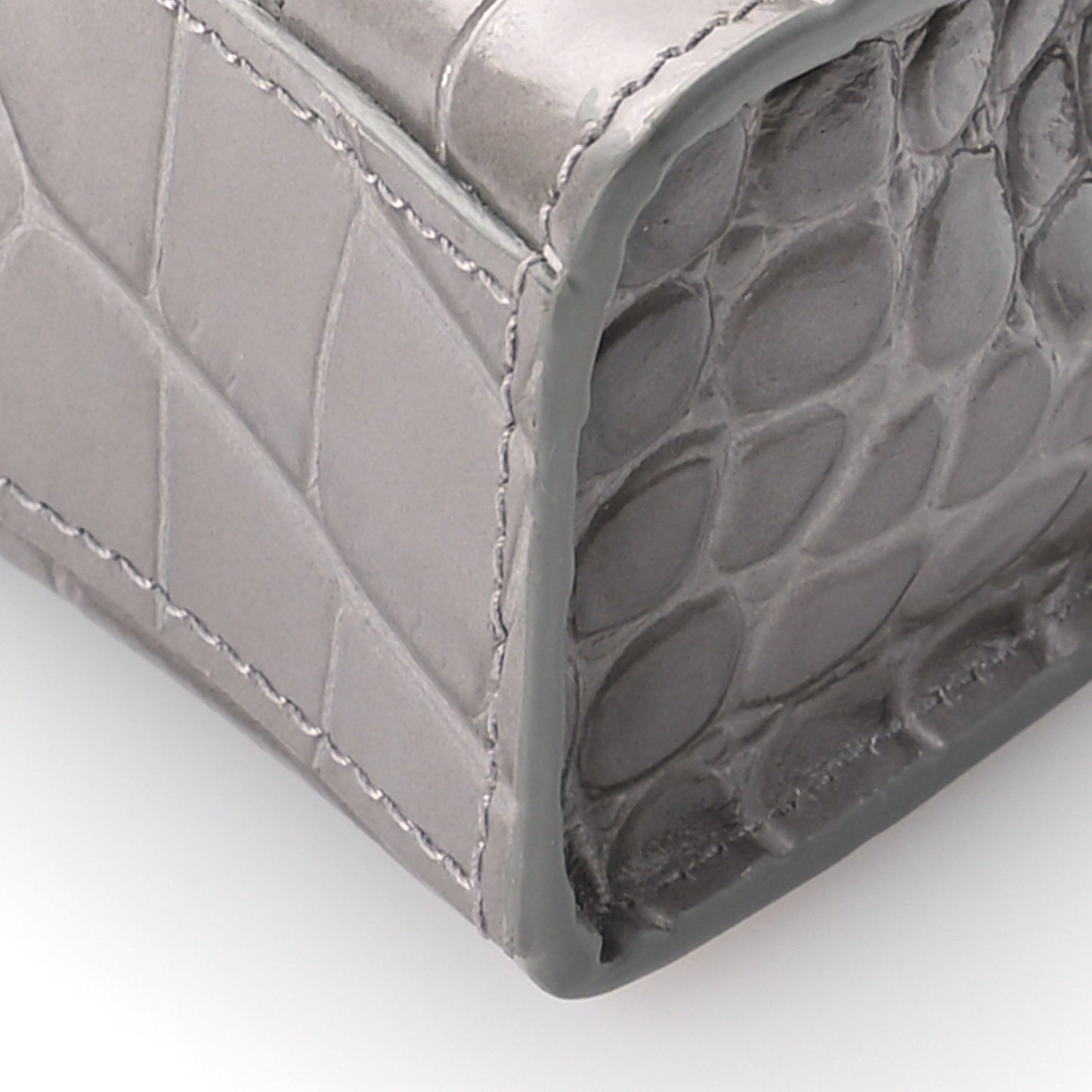 Shiny Calfskin Crocodile Embossed Hourglass Top Handle Bag Mini Steel Grey