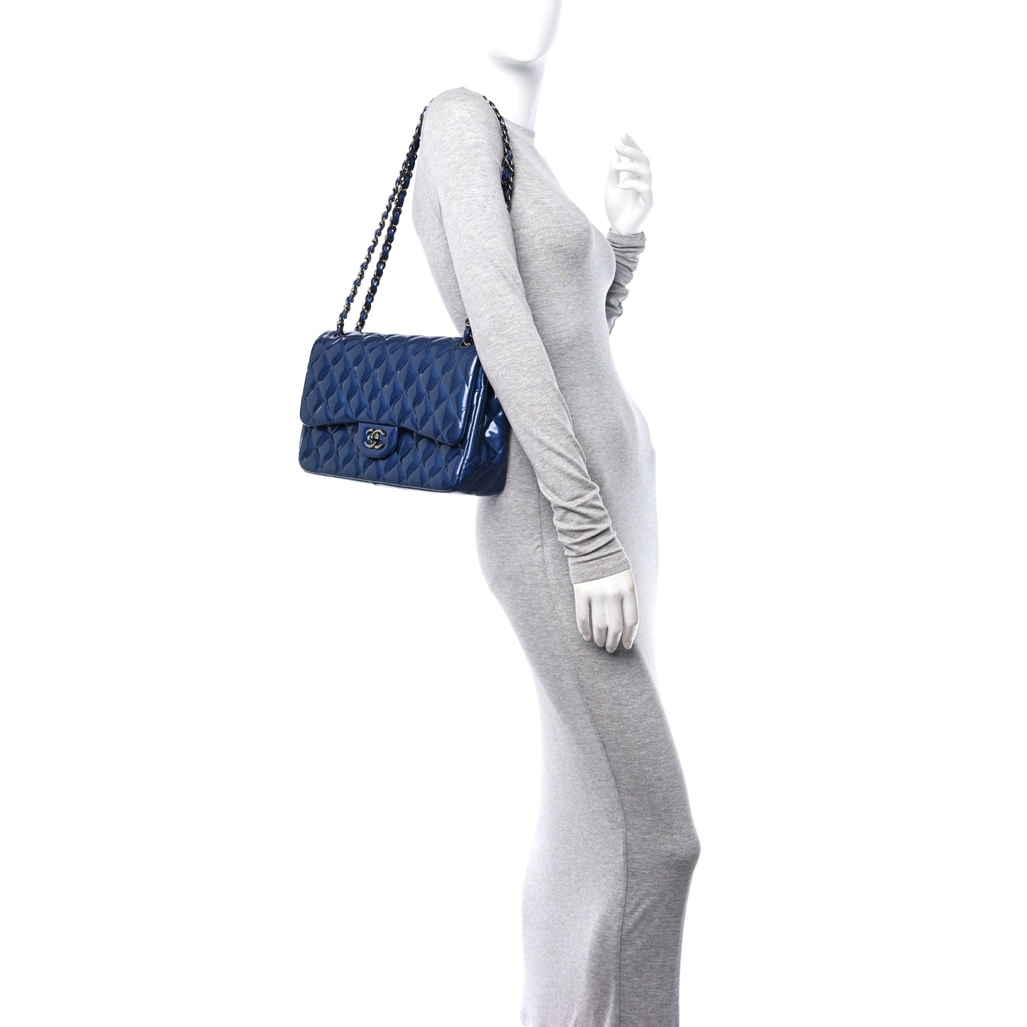 Patent Calfskin Quilted Jumbo Double Flap Blue
