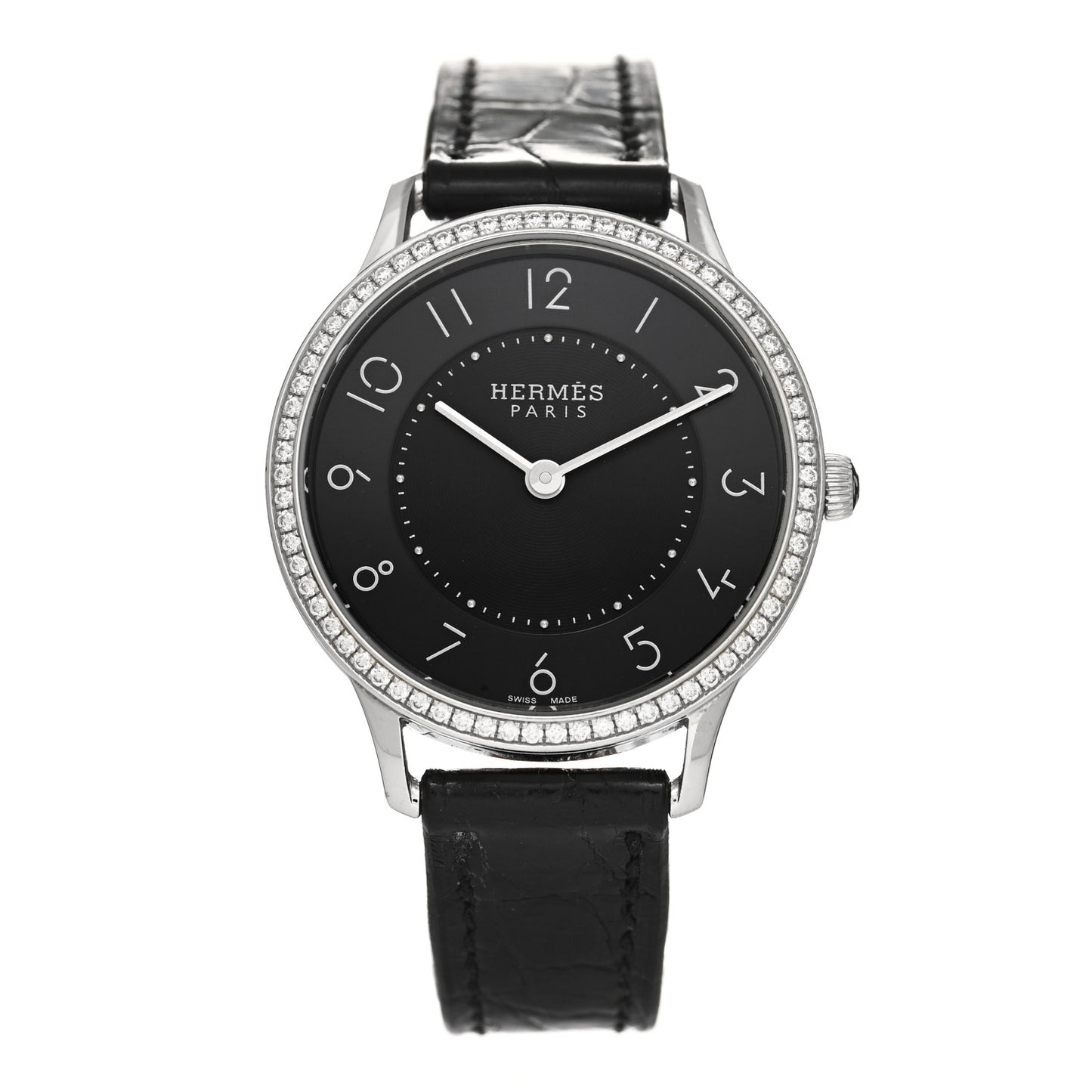 Stainless Steel Alligator Diamond 25mm Slim d'Hermes Quartz Watch Noir