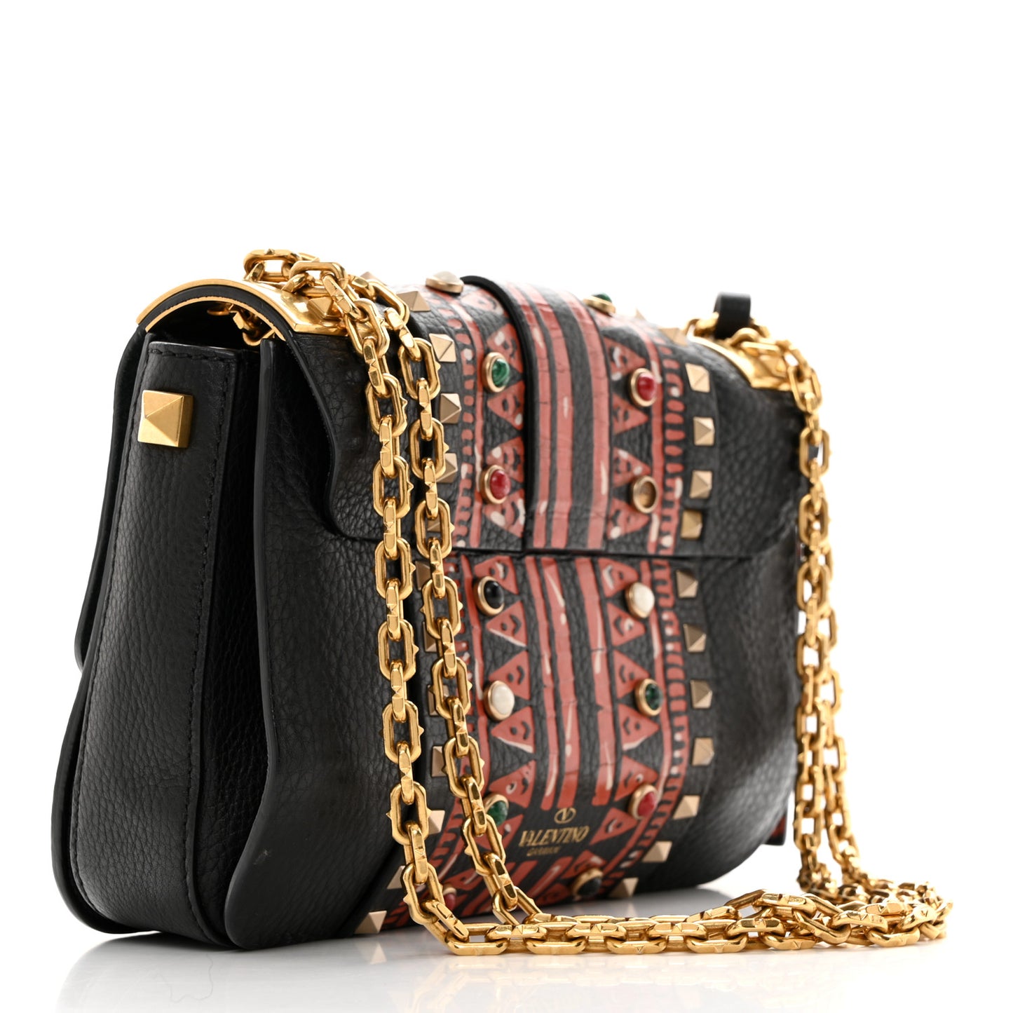 Grained Calfskin Tribal B-Rockstud Rolling Flap Black