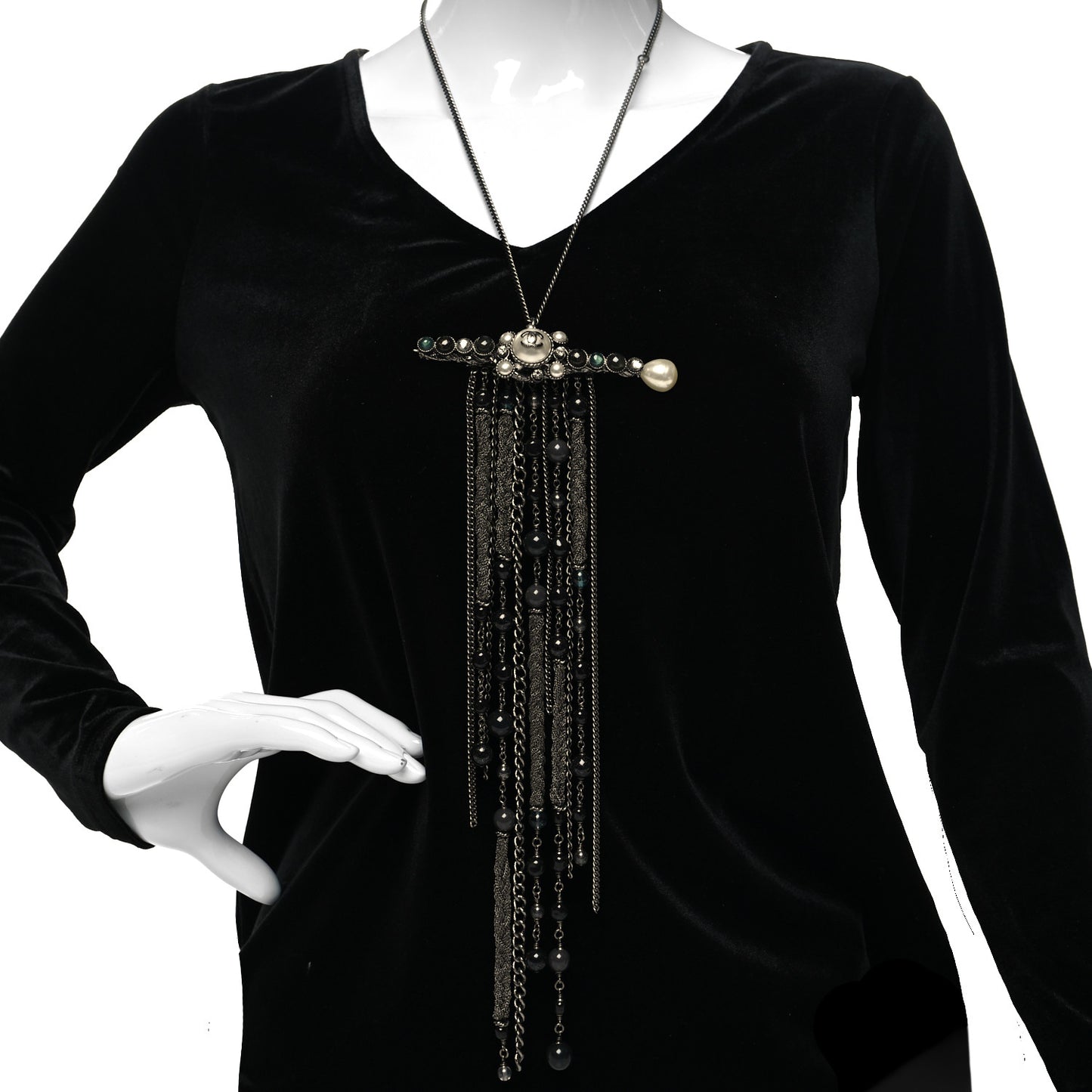 Ruthenium Crystal Pearl Beaded Enamel CC Multi Chain Bar Necklace Black
