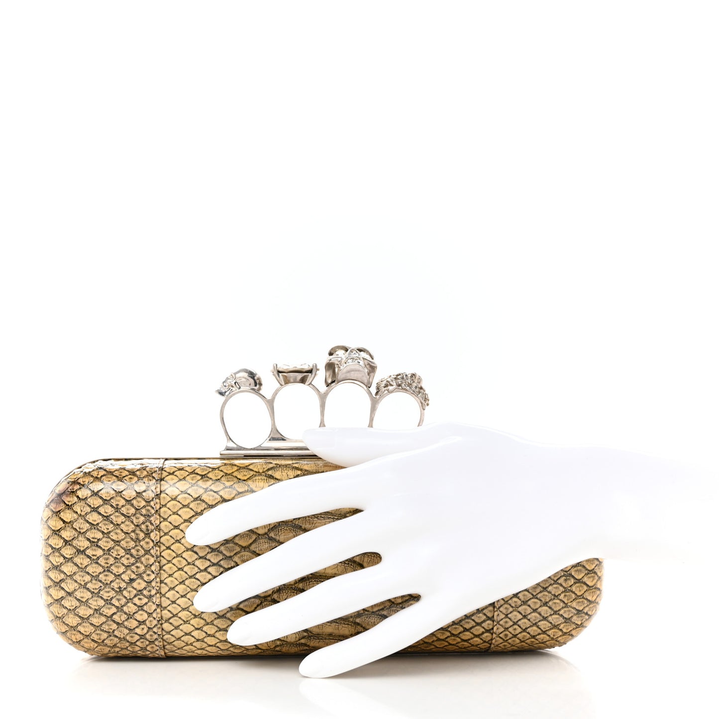 Snakeskin Knuckle Box Clutch Beige