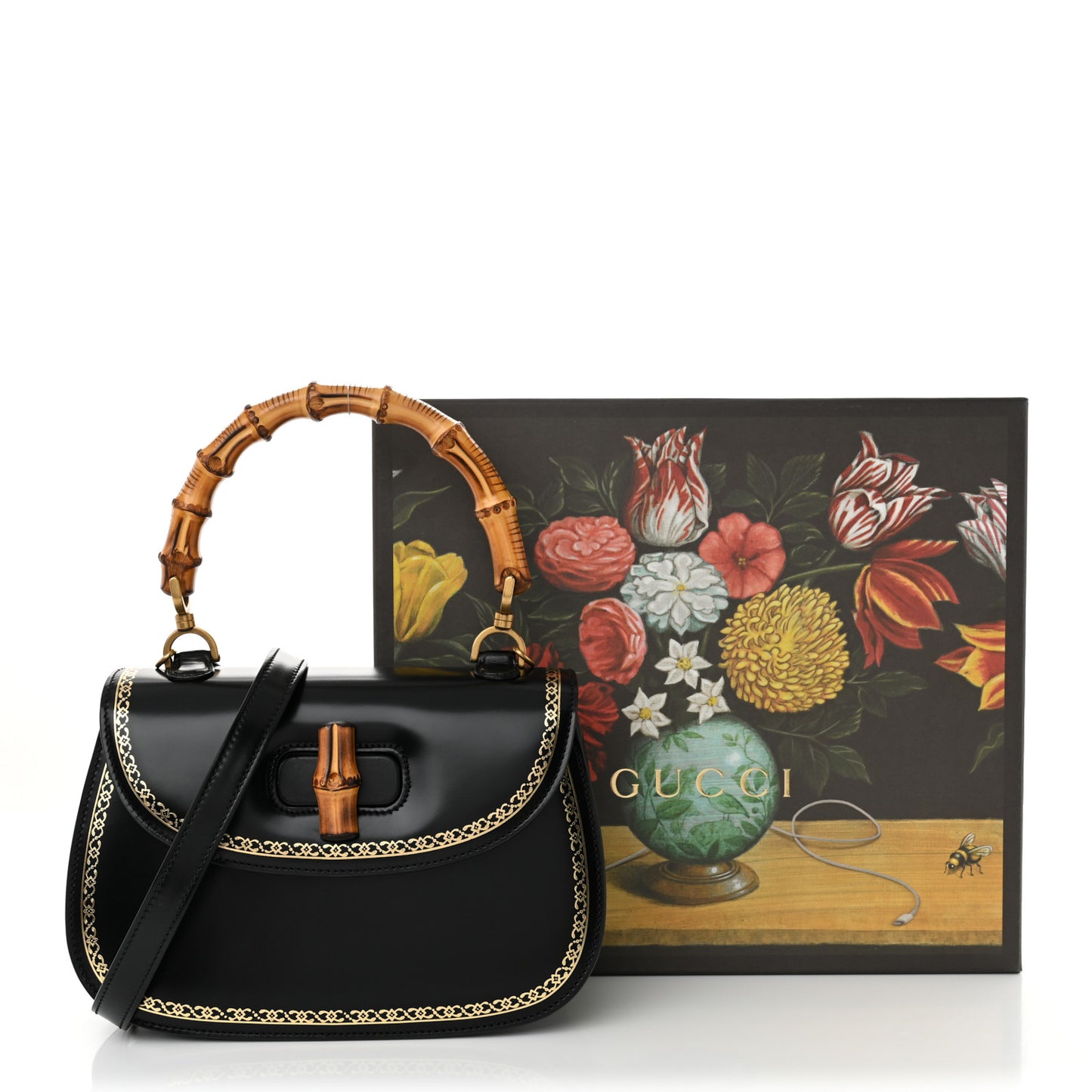 Calfskin Frame Print Bamboo Top Handle Bag Black