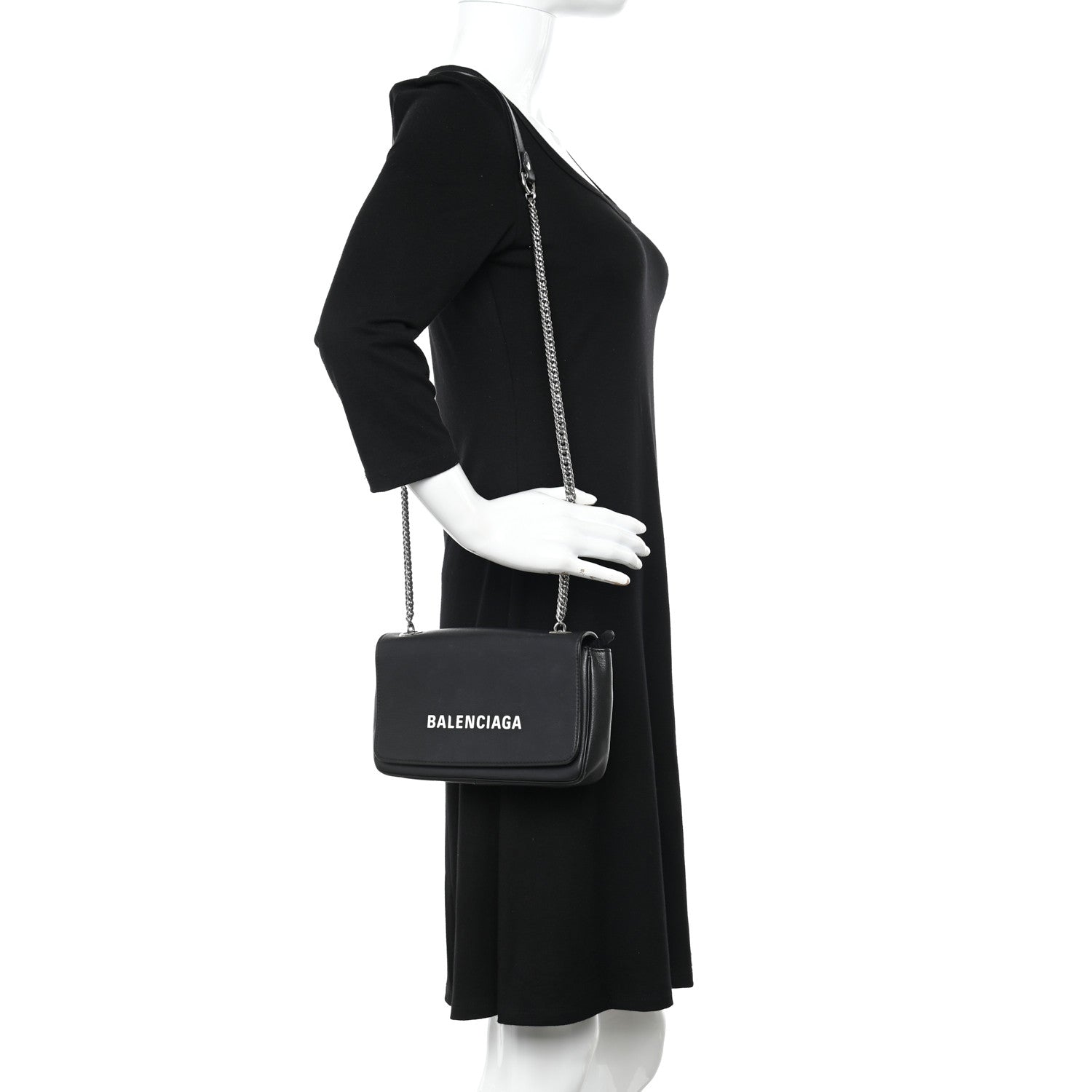 Balenciaga Pebbled Calfskin Logo Everyday Flap Chain Wallet Black 2 of 16