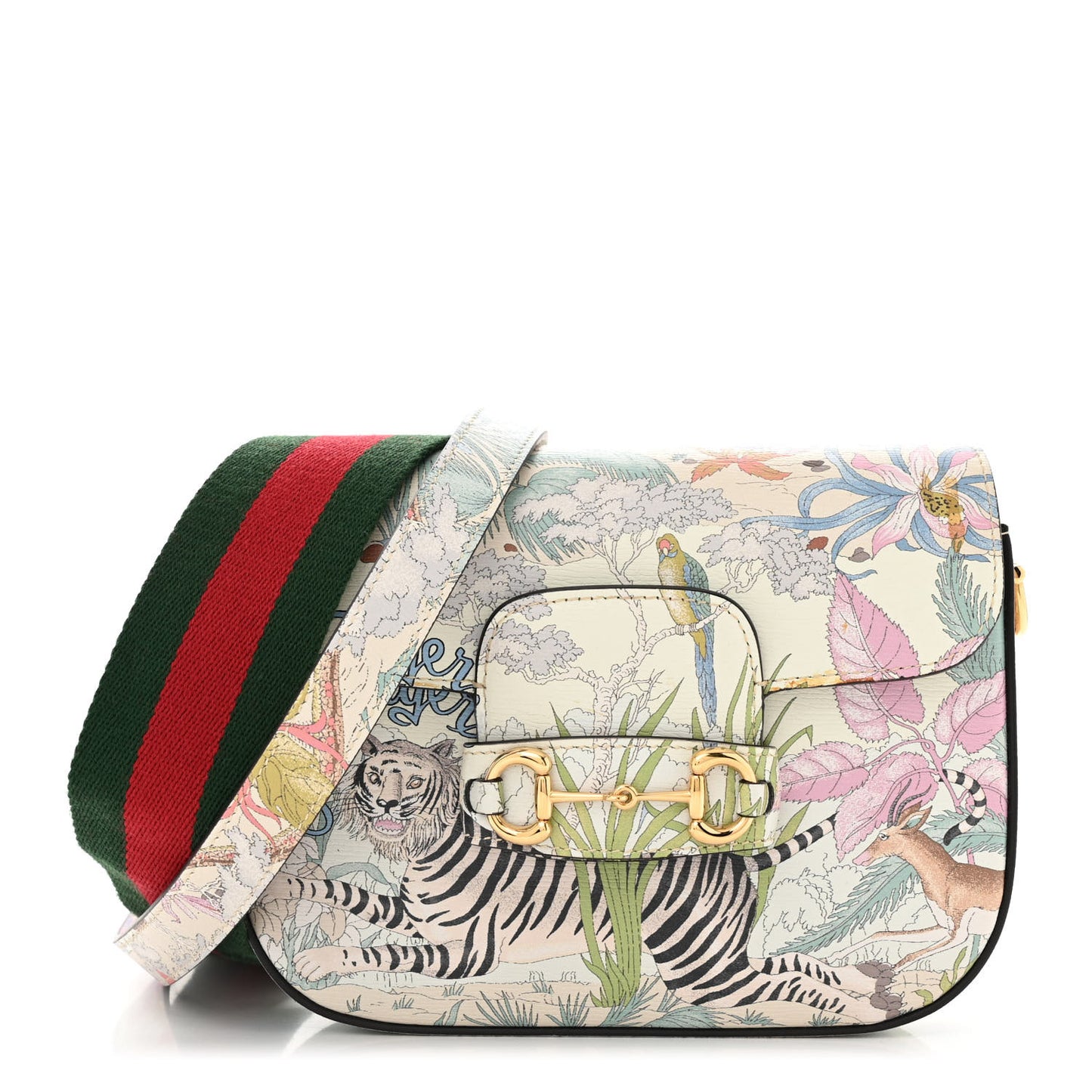 New Shangai Calfskin Tiger Savanah Web Mini Horsebit 1955 Shoulder Bag Chalky White Multicolor