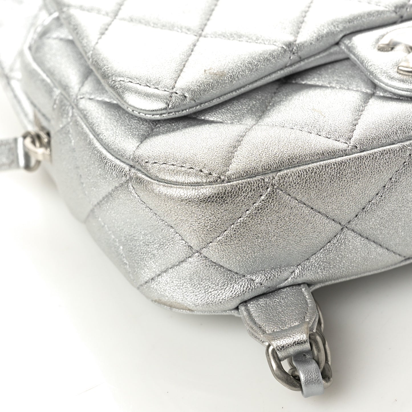 Metallic Lambskin Quilted Flap Backpack Silver