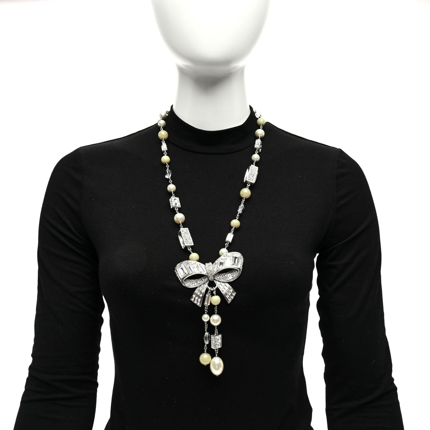 Crystal Baguette Pearl Bow Necklace Silver
