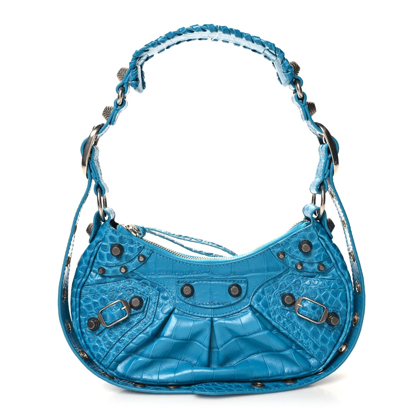 Extra Supple Calfskin Crocodile Embossed Le Cagole Shoulder Bag XS Turquoise