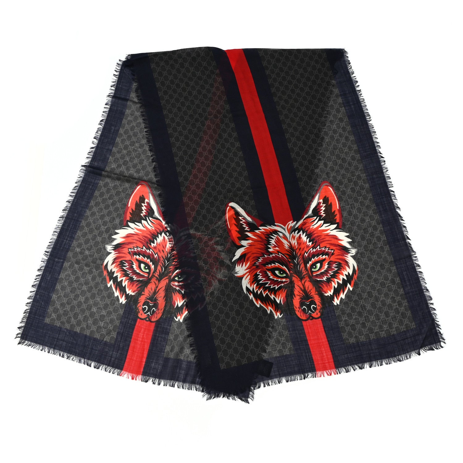 Gucci Wool Monogram Wolf Web Scarf Blue Red 2 of 5