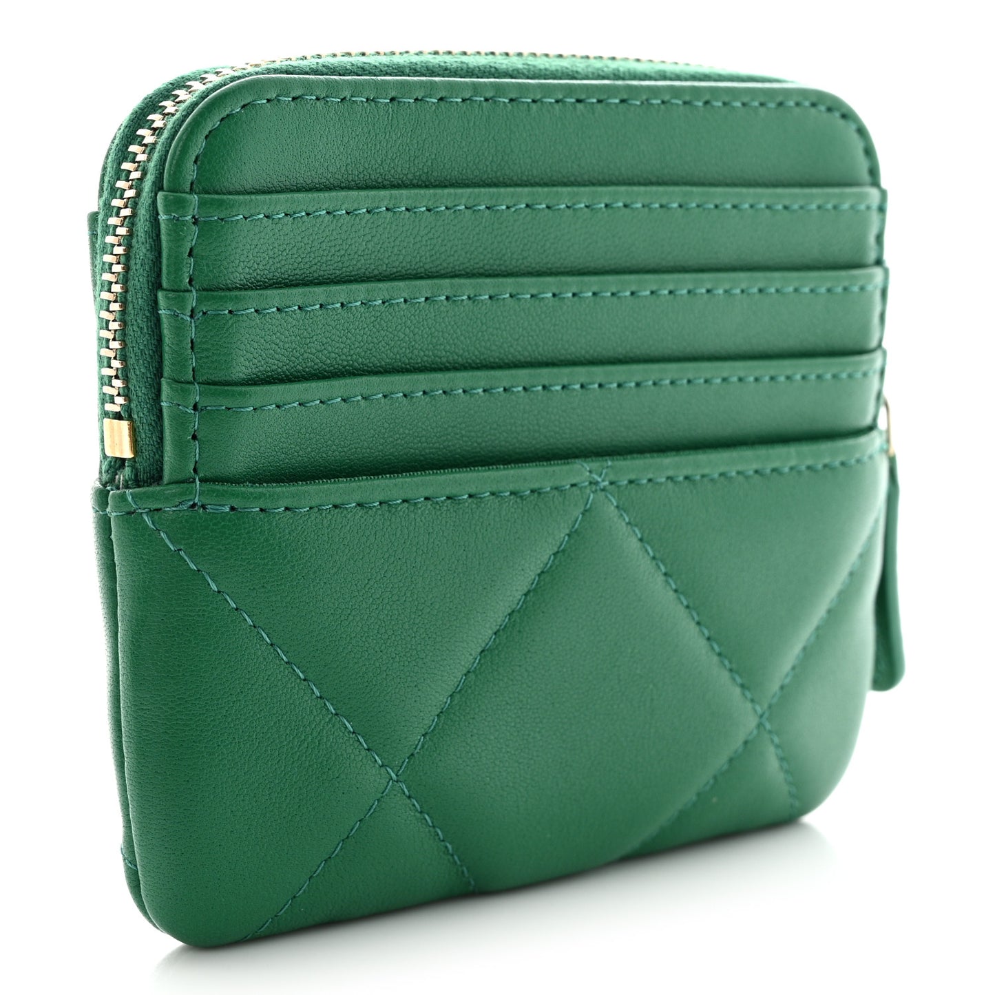 Lambskin Quilted Chanel 19 Zip Card Holder Wallet Green