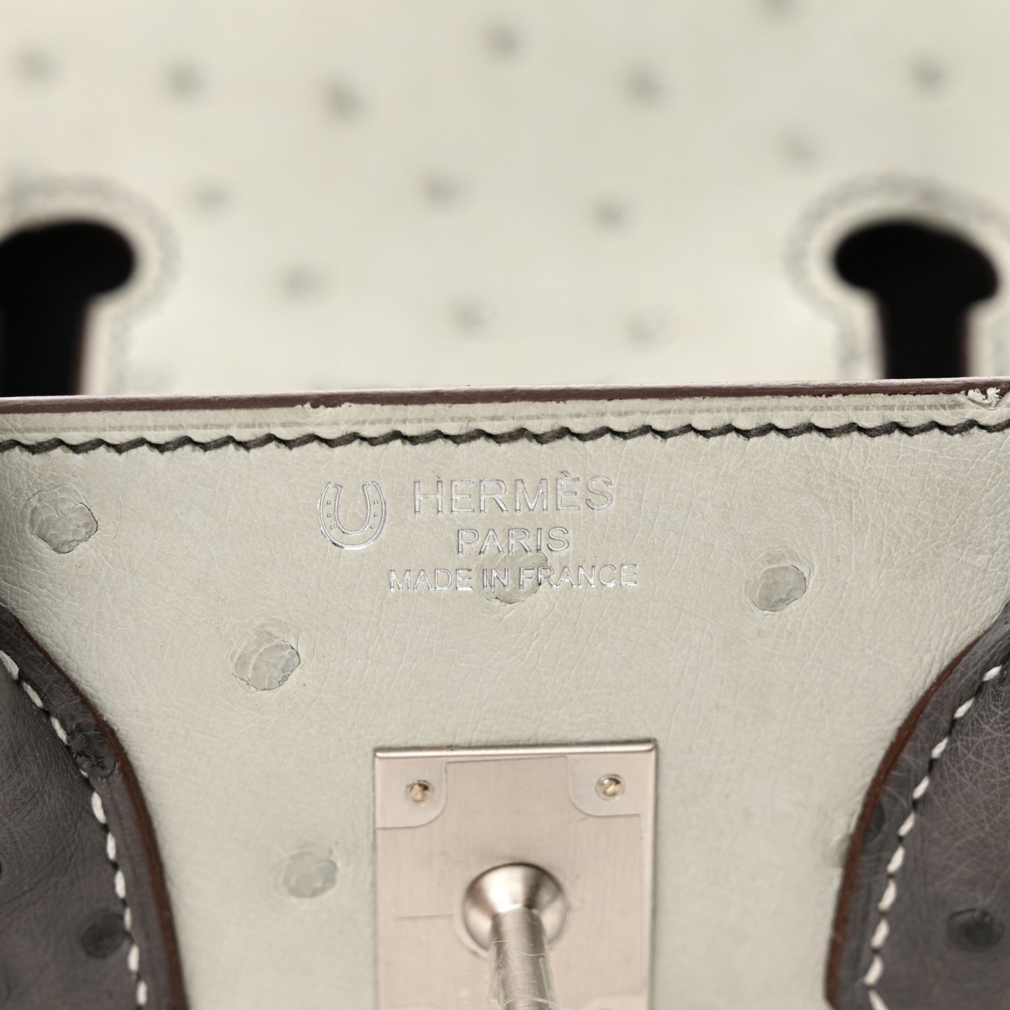 Ostrich Horseshoe Birkin 25 Gris Perle Gris Meyer