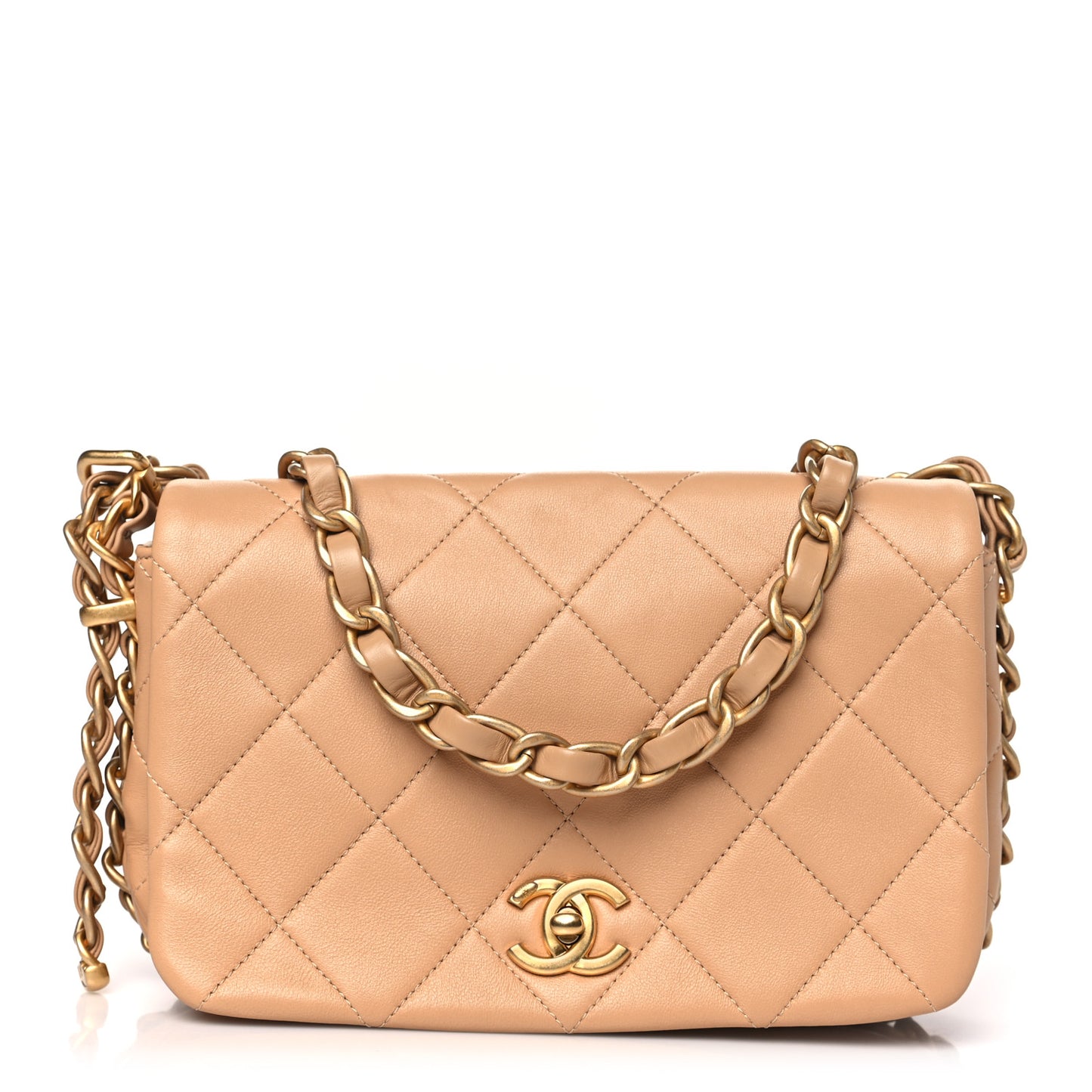 Shiny Lambskin Quilted Chain Around Flap Bag Beige