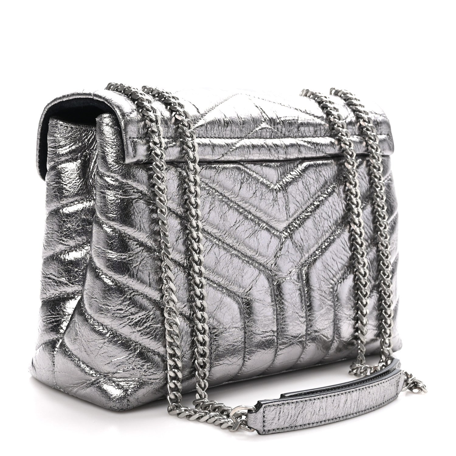 Saint Laurent Metallic Calfskin Y Quilted Monogram Small Loulou Chain Satchel Acciaio 3 of 11