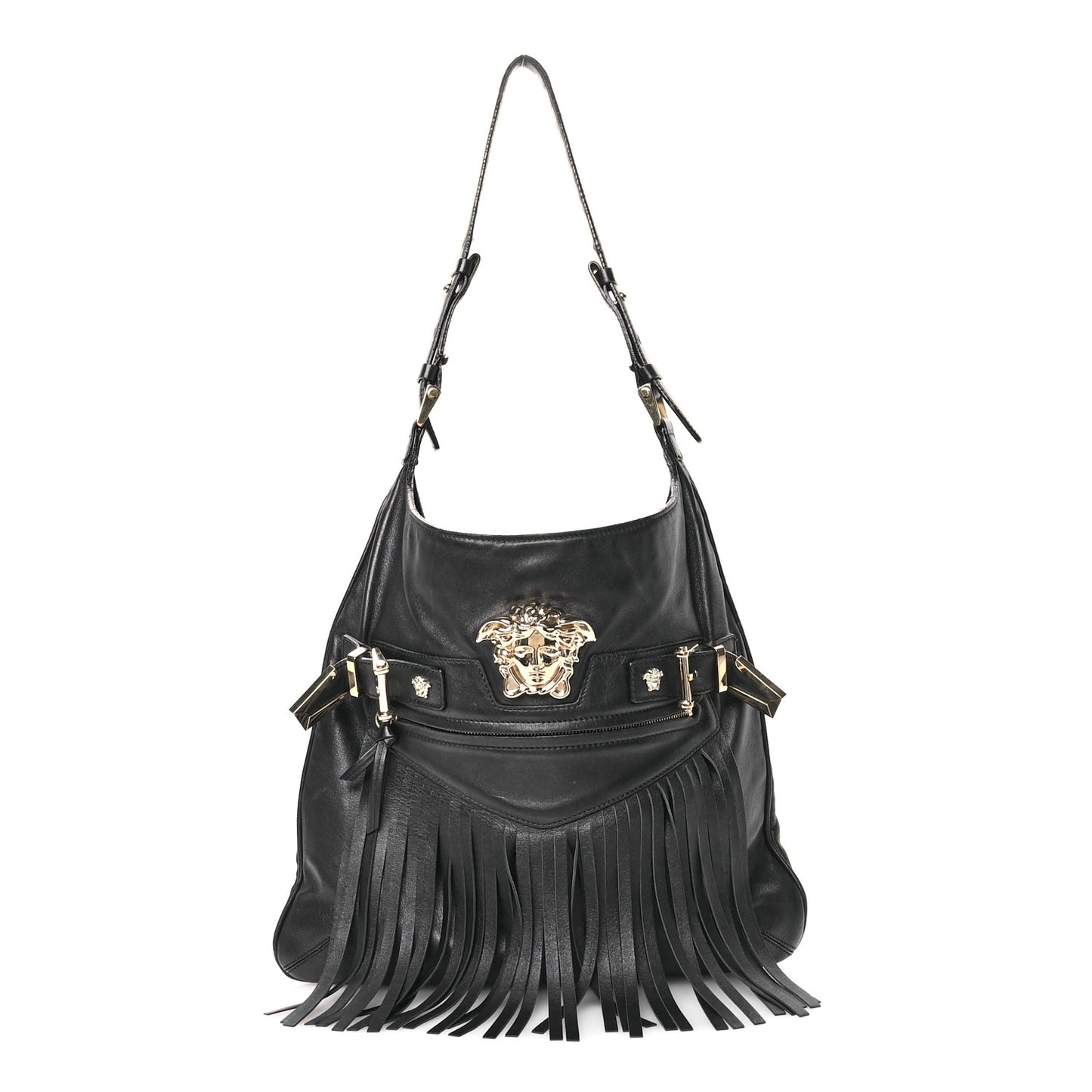 Calfskin Palazzo Fringe Shoulder Bag Black