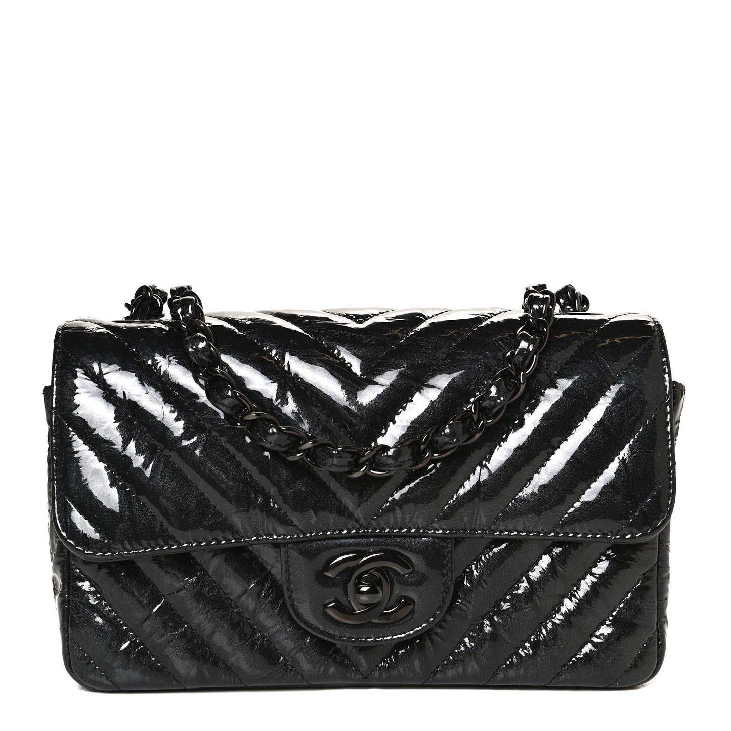 Patent Metallic Crumpled Calfskin Chevron Quilted Mini Rectangular Flap So Black