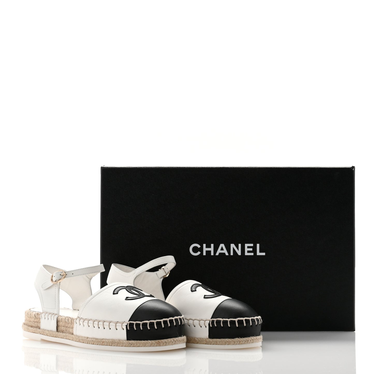 Lambskin Cap Toe CC Espadrille Sandals 35 White Black