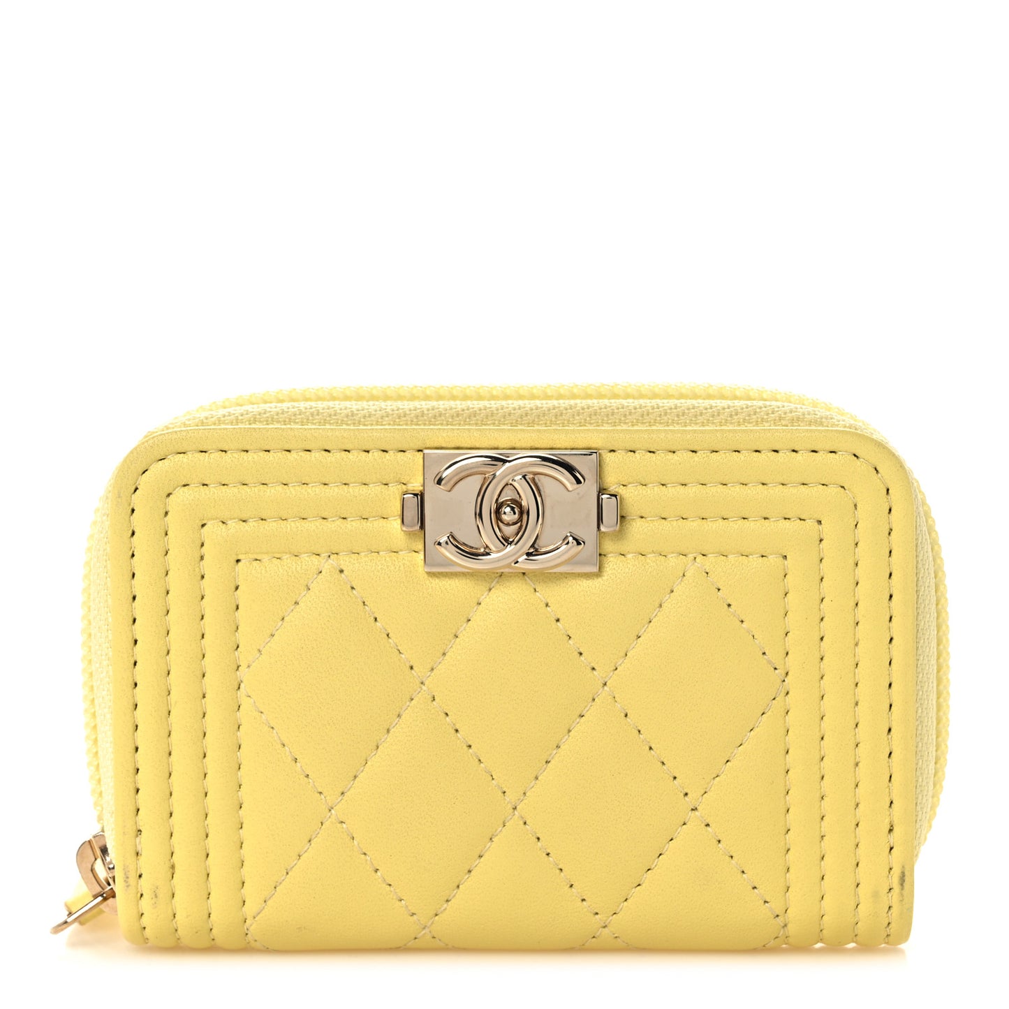 Lambskin Quilted Zip Around Boy Coin Purse Wallet Yellow
