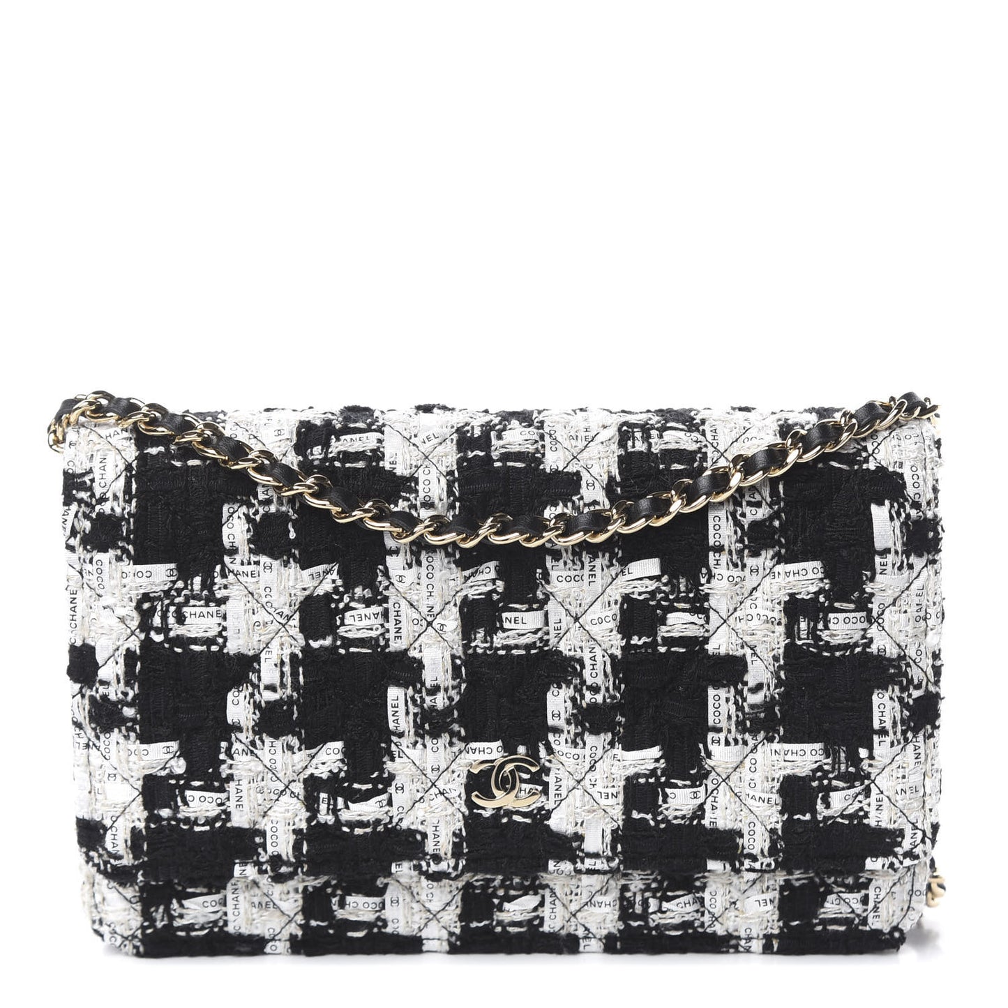Tweed Quilted Wallet On Chain WOC Black Ecru White