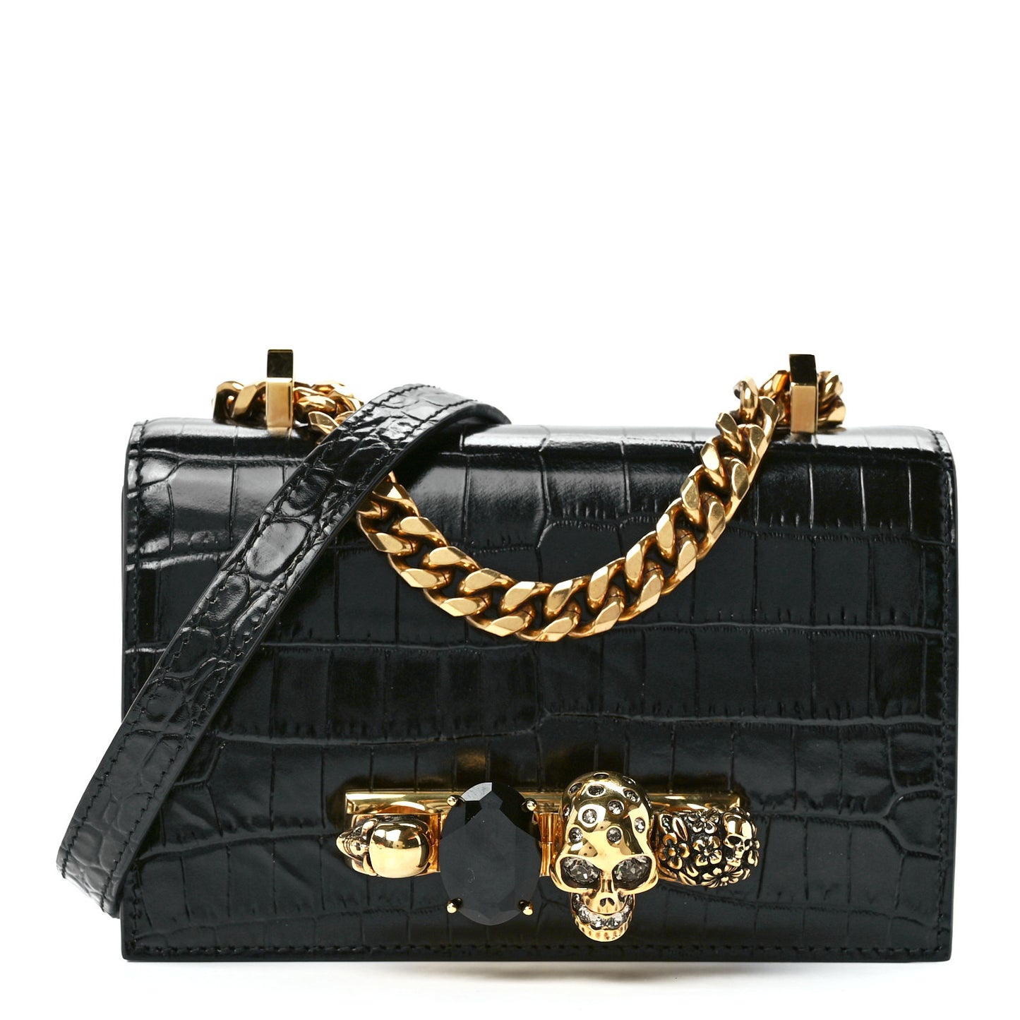 Calfskin Crocodile Embossed Mini Jeweled Satchel Black