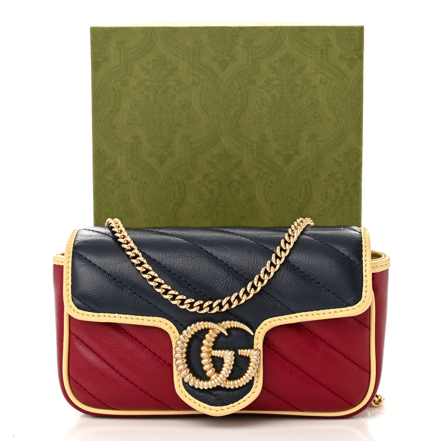Azalea Calfskin Matelasse Diagonal Super Mini Torchon GG Marmont Shoulder Bag Blue Agata New Cherry Red Butter