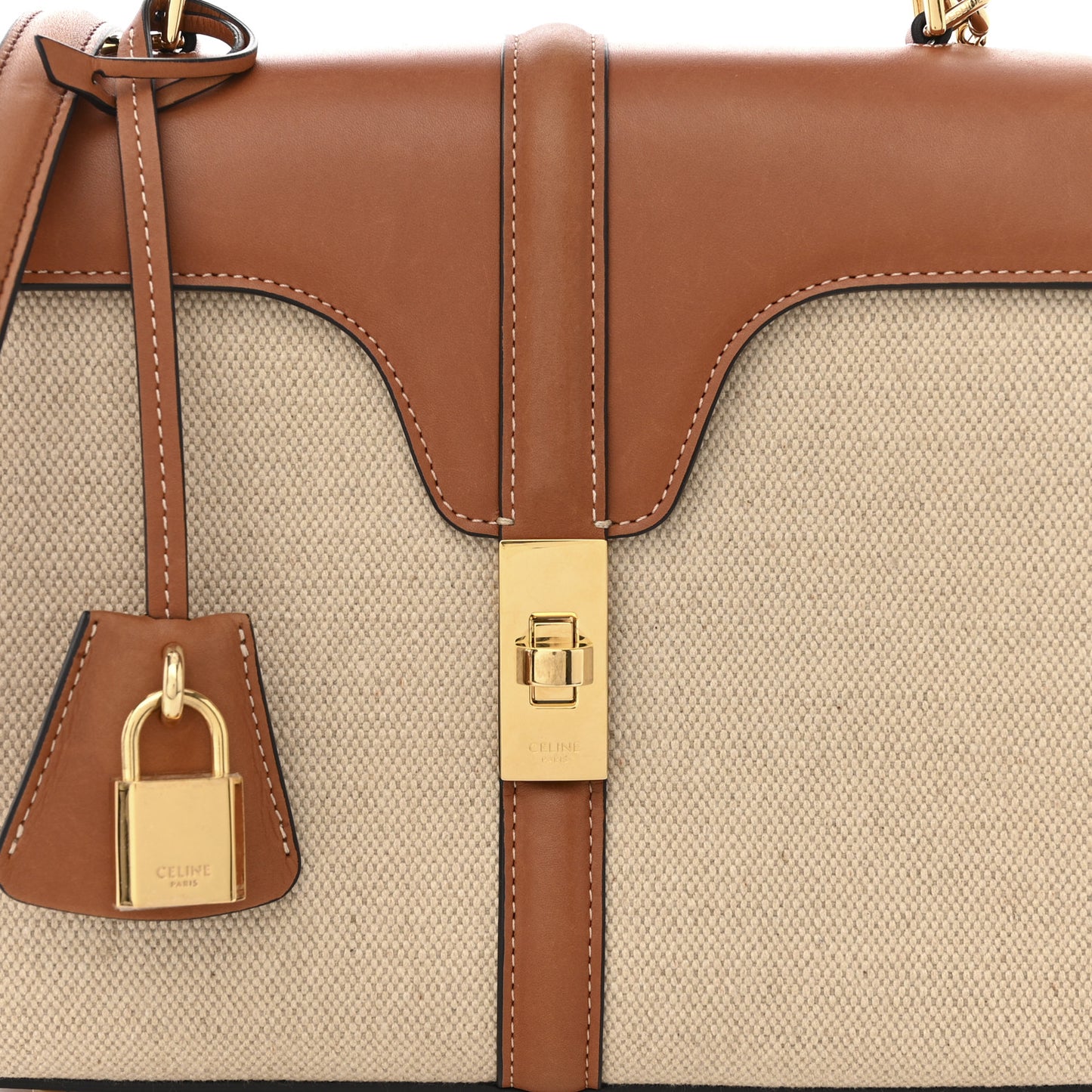 Canvas Calfskin Small 16 Top Handle Bag Natural Tan