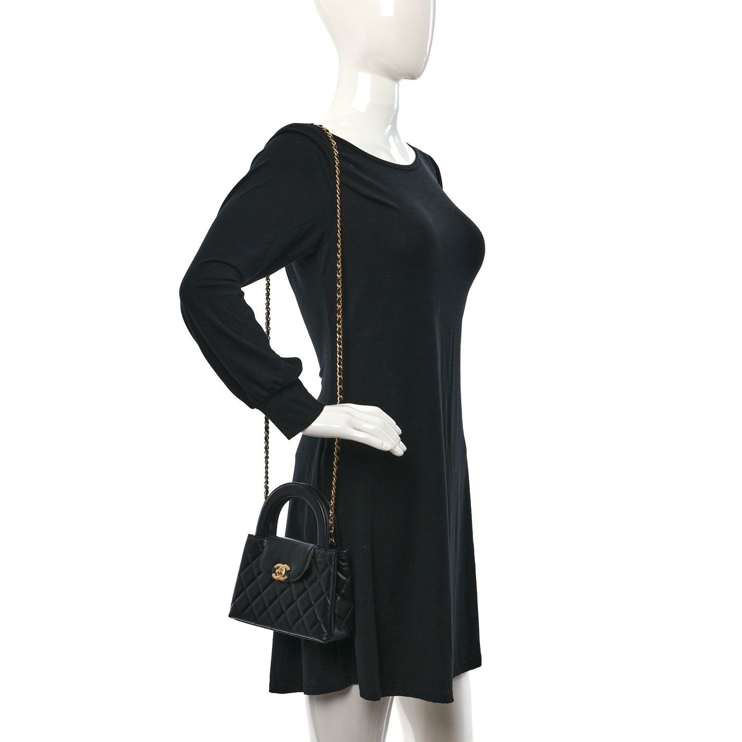 Shiny Aged Calfskin Quilted Nano Kelly Shopper Black