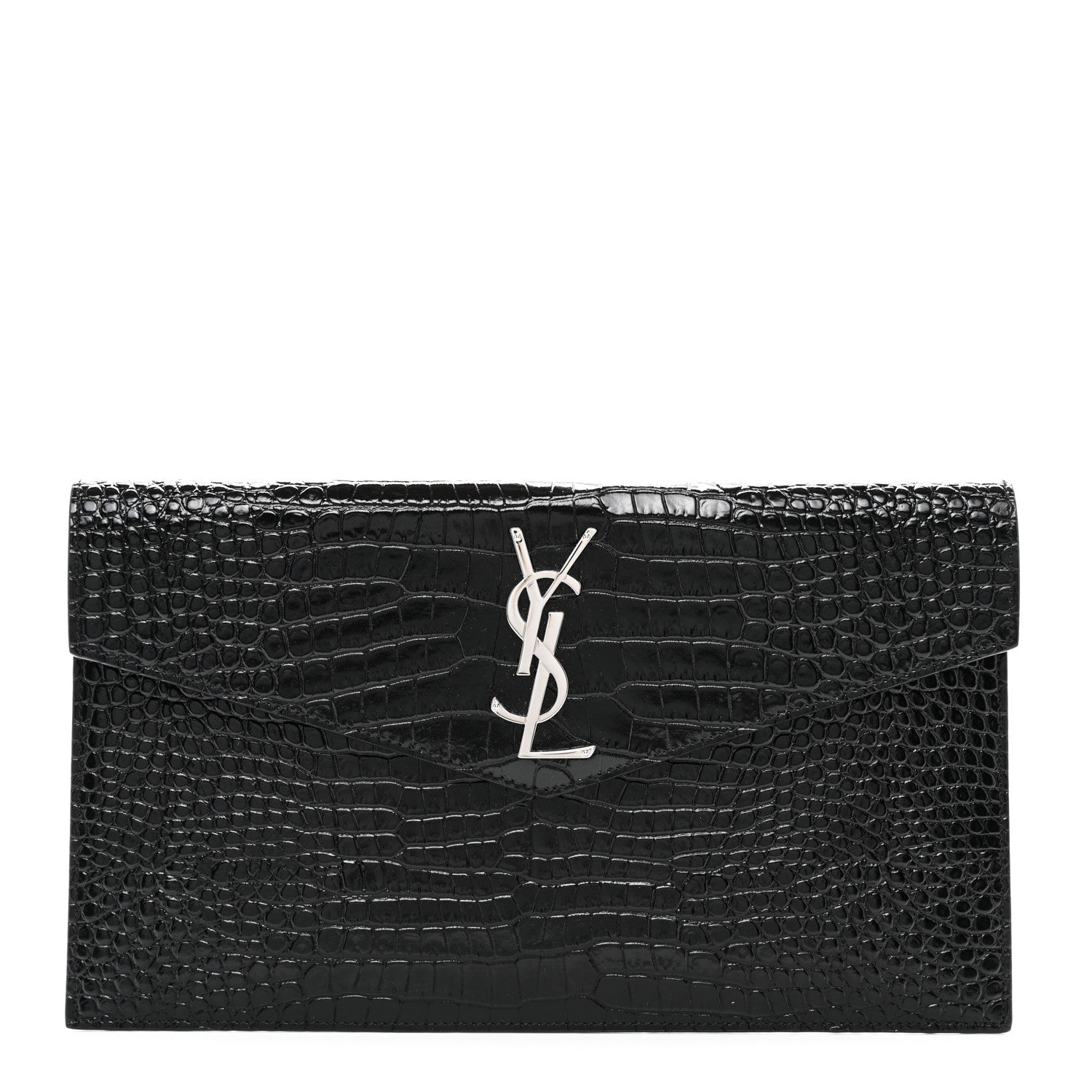 Saint Laurent Calfskin Crocodile Embossed Uptown Monogram Pouch Black 1 of 8